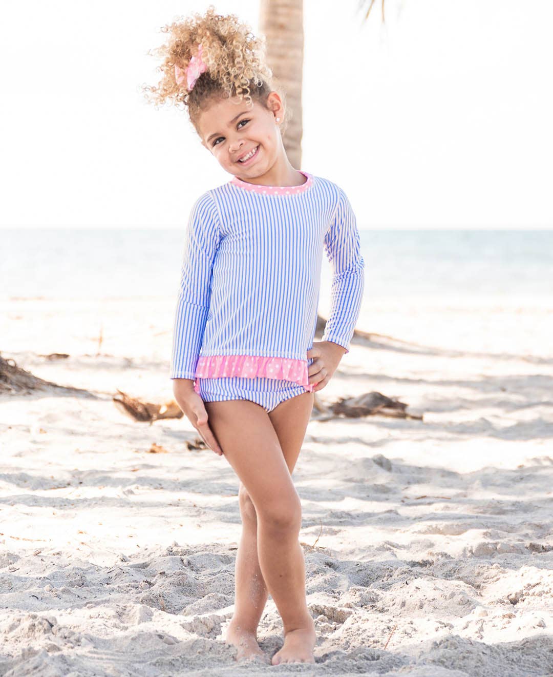 Girls Periwinkle Blue Seersucker Long Sleeve Rash Guard 2-Piece Swimsuit with Signature Rear Ruffles