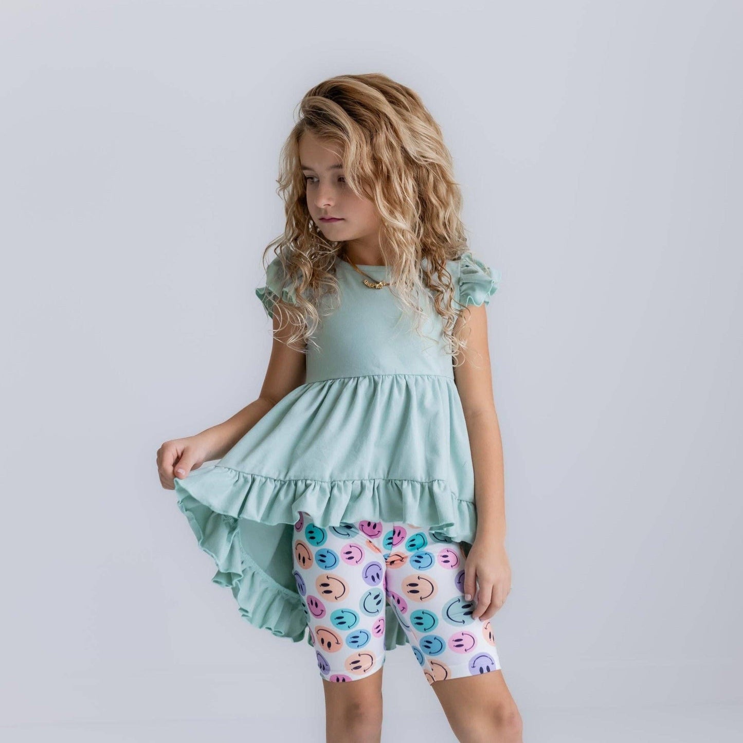 Kids Mint Green Smiley Face Hi Lo Spring Summer Short Set