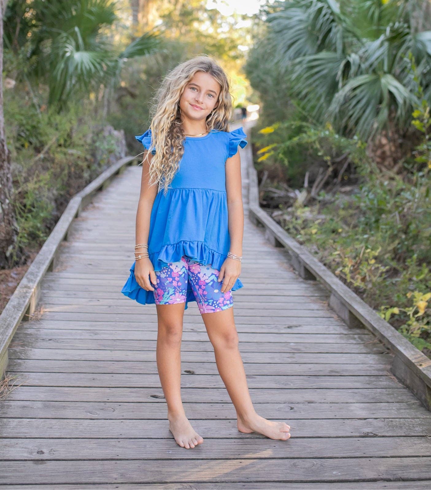 Girls Bright Blue Floral Spring Summer Hi-Lo Short Set