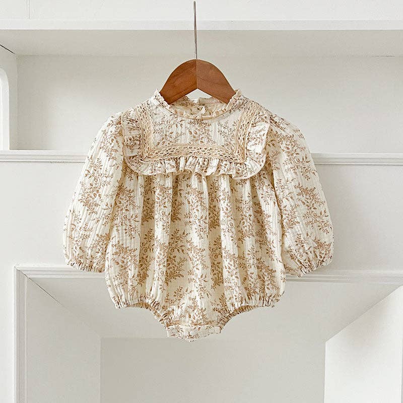 Toddler Girl Vintage Khaki Floral Outfit Long Sleeve  Romper