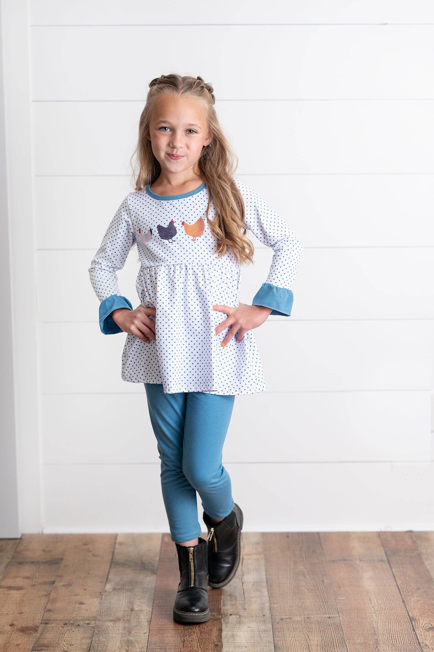 Girls Blue Polka Dot & Chicken Fall Winter Pant Set