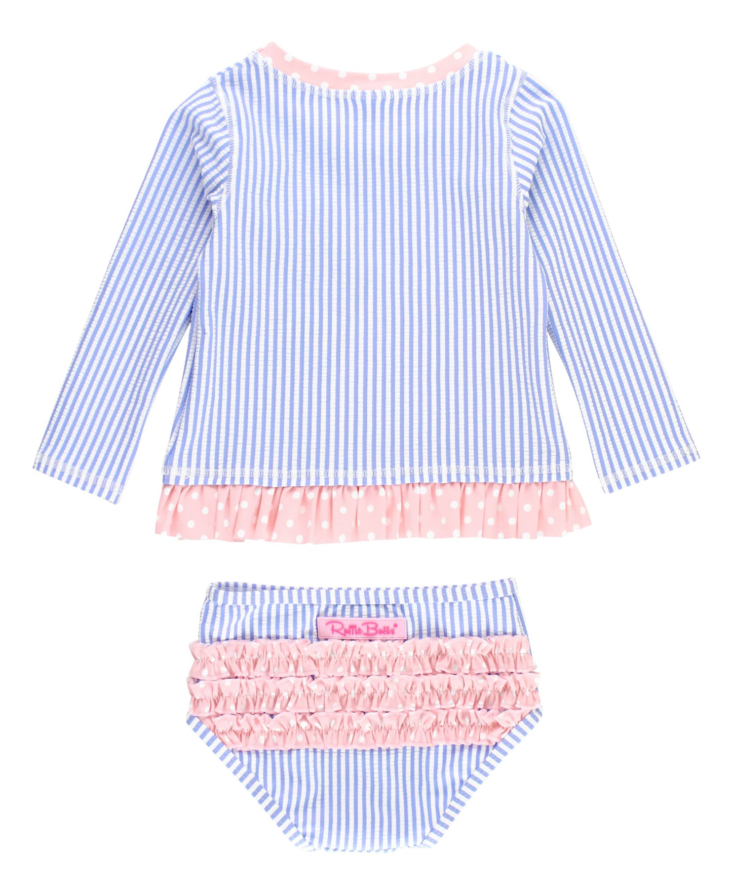 Girls Periwinkle Blue Seersucker Long Sleeve Rash Guard 2-Piece Swimsuit with Signature Rear Ruffles