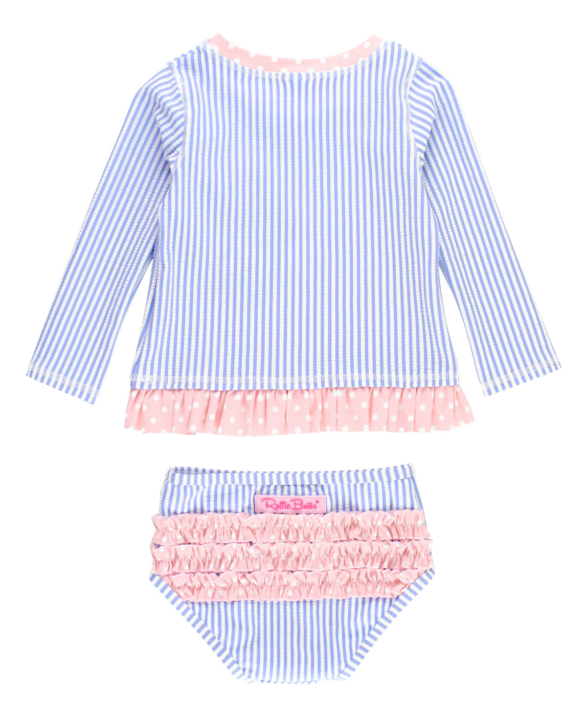Girls Periwinkle Blue Seersucker Long Sleeve Rash Guard 2-Piece Swimsuit with Signature Rear Ruffles