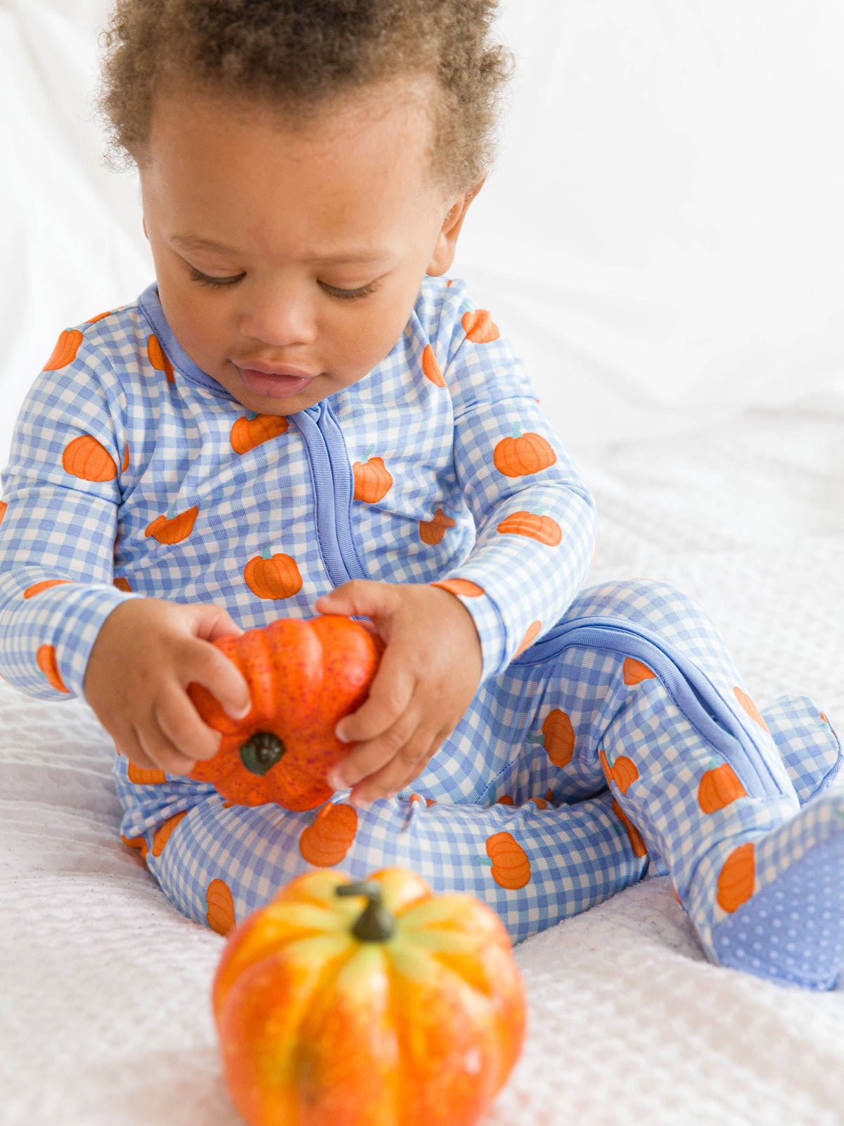 SoftSnooze™ Baby Bamboo Viscose Pumpkin Patch Gingham Footed One Piece Pajama
