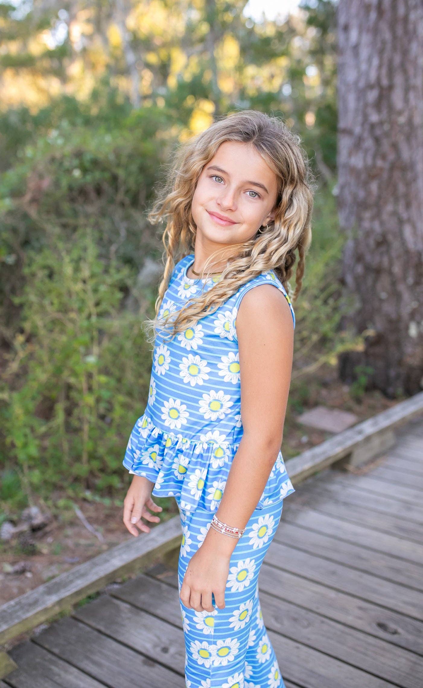 Girls Blue Striped Daisy Spring Summer Pant Set