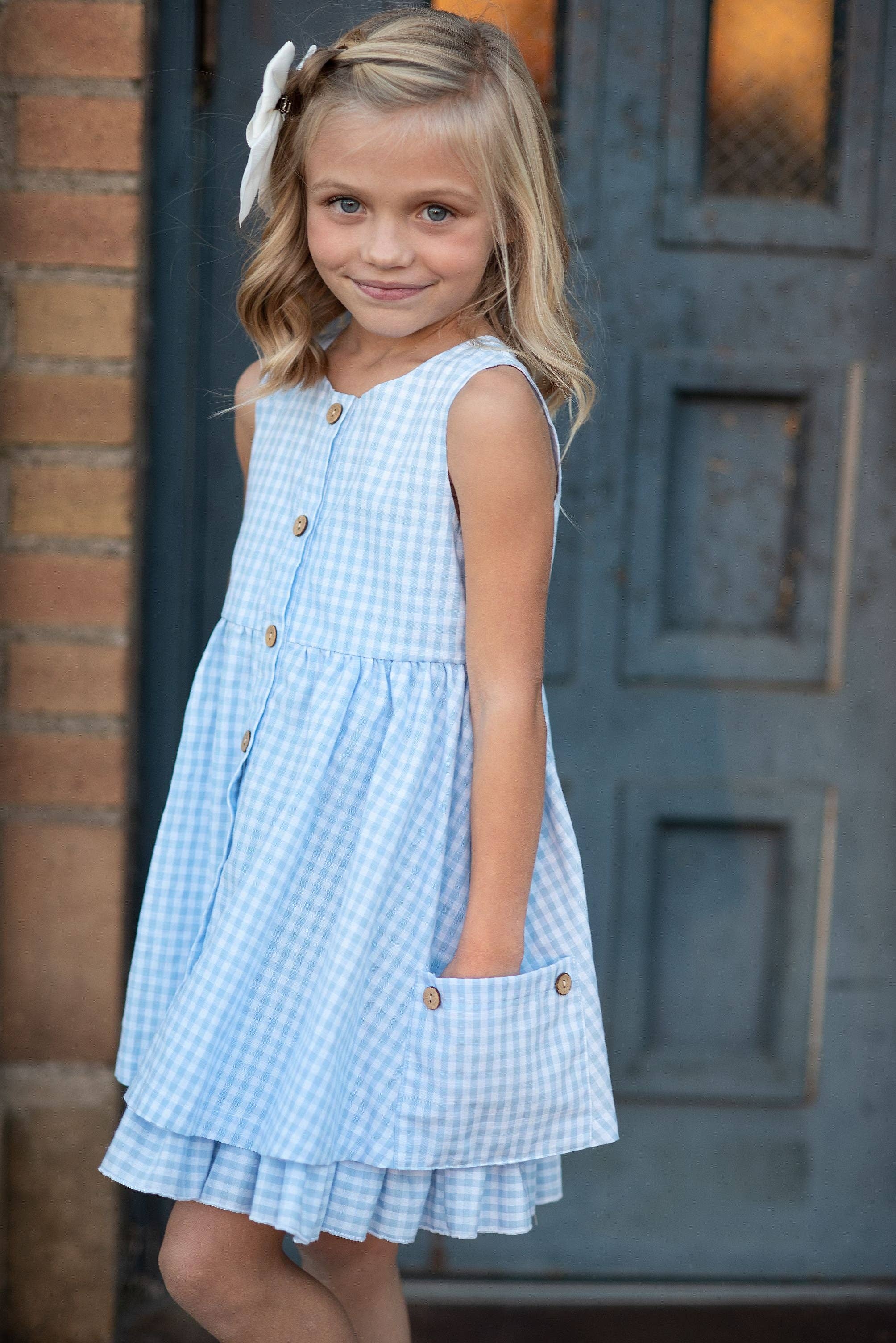 Kids Blue & White Gingham Check Pocket Ruffle Summer Dress
