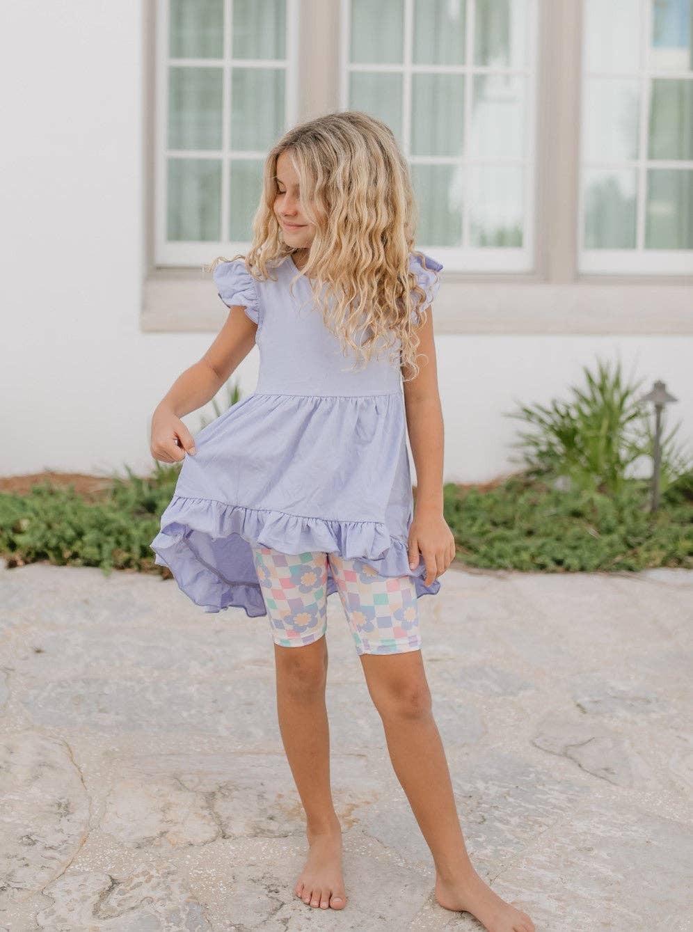Girls Purple Periwinkle Pastel Spring Check Hi-Lo Short Set