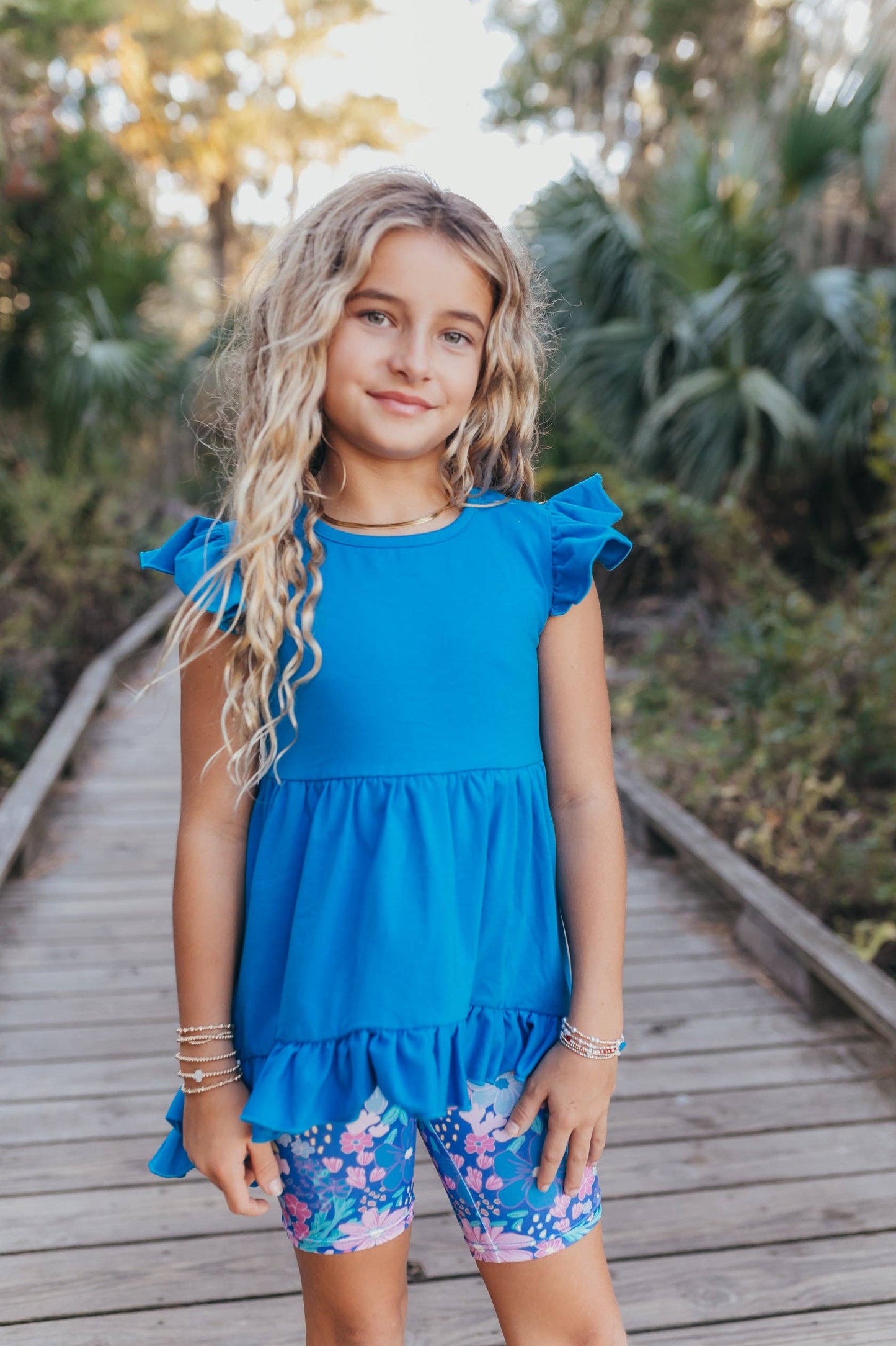 Girls Bright Blue Floral Spring Summer Hi-Lo Short Set