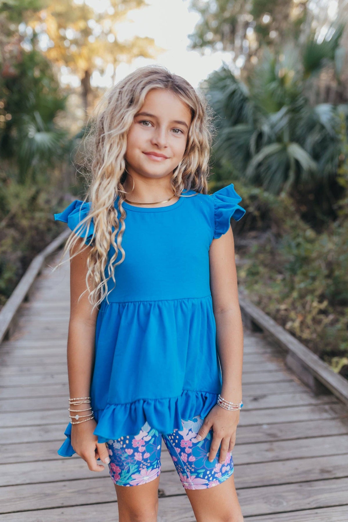Girls Bright Blue Floral Spring Summer Hi-Lo Short Set