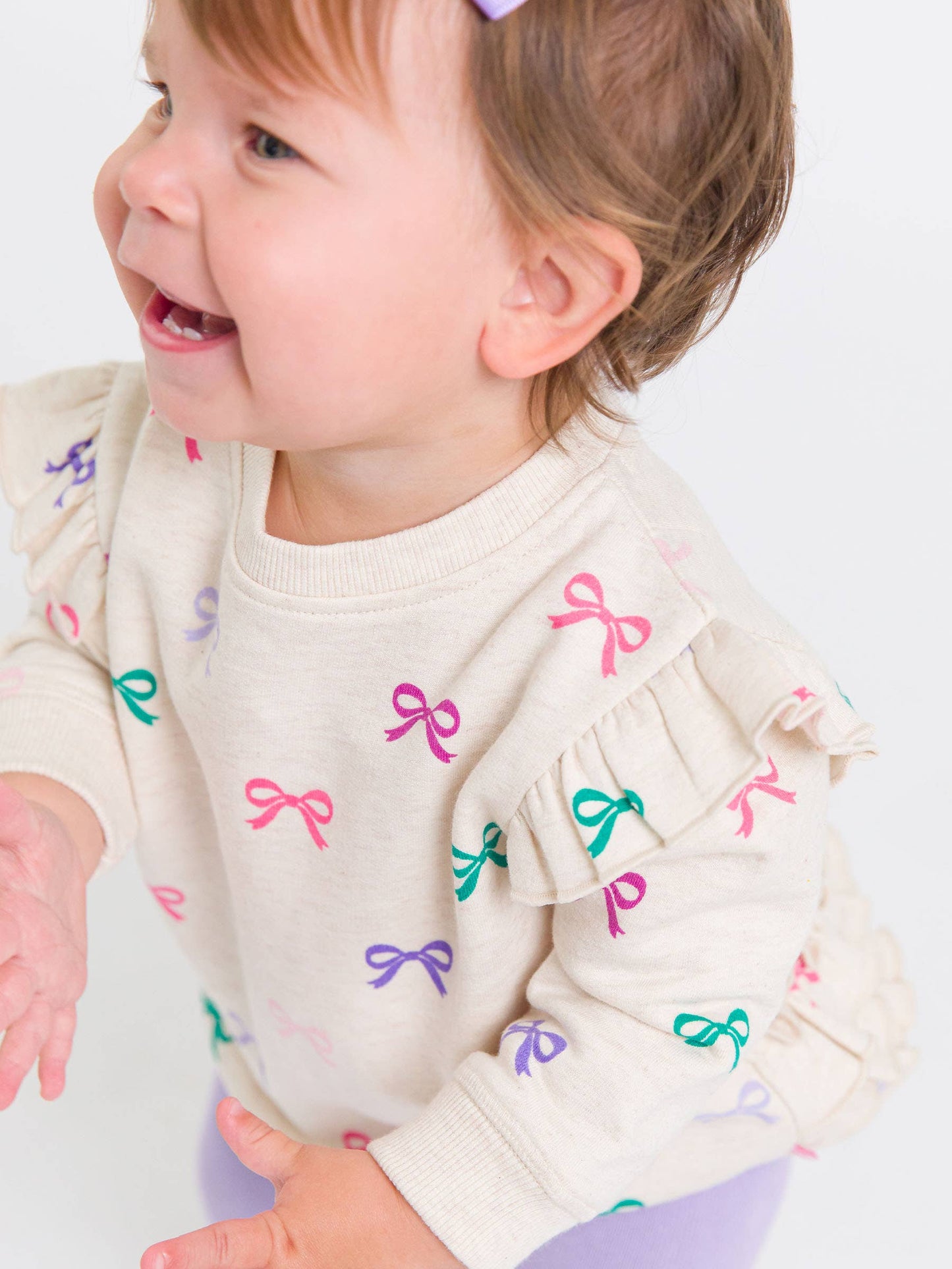 Baby Girls Heather Oatmeal Ribbons Sweatshirt Bubble Romper