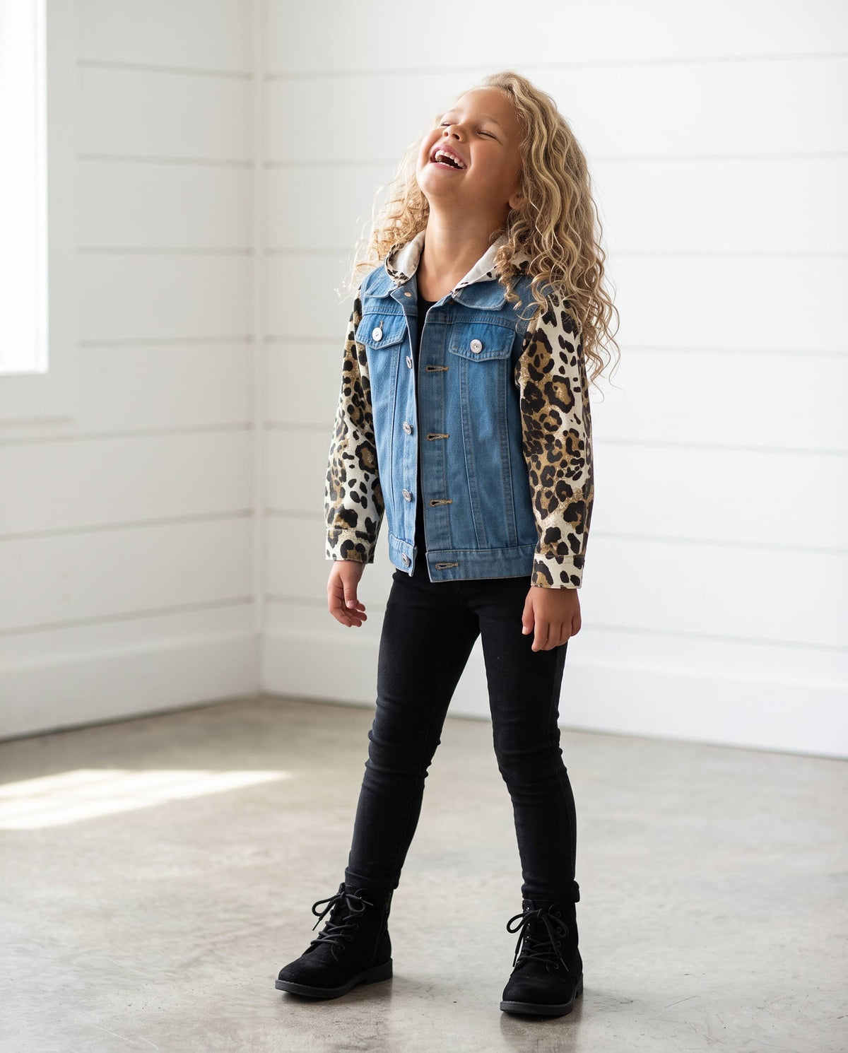 Girls Kids Leopard & Denim Fall Winter Jean Denim Jacket