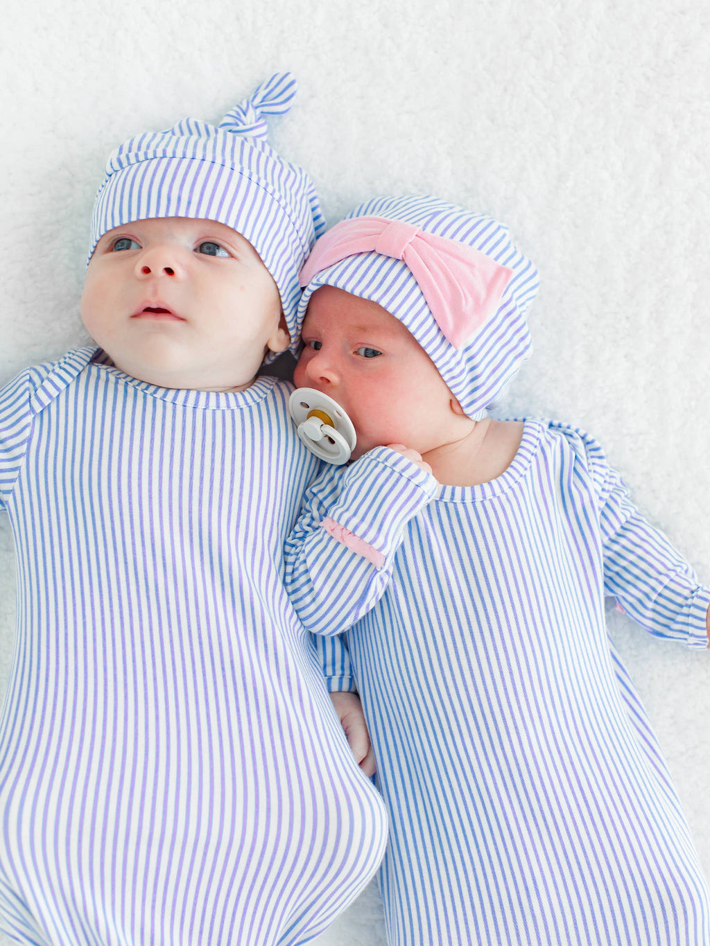 SoftSnooze™ Baby Boys Bamboo Viscose Periwinkle & White Micro Stripe Knotted Sleep Gown & Hat Set
