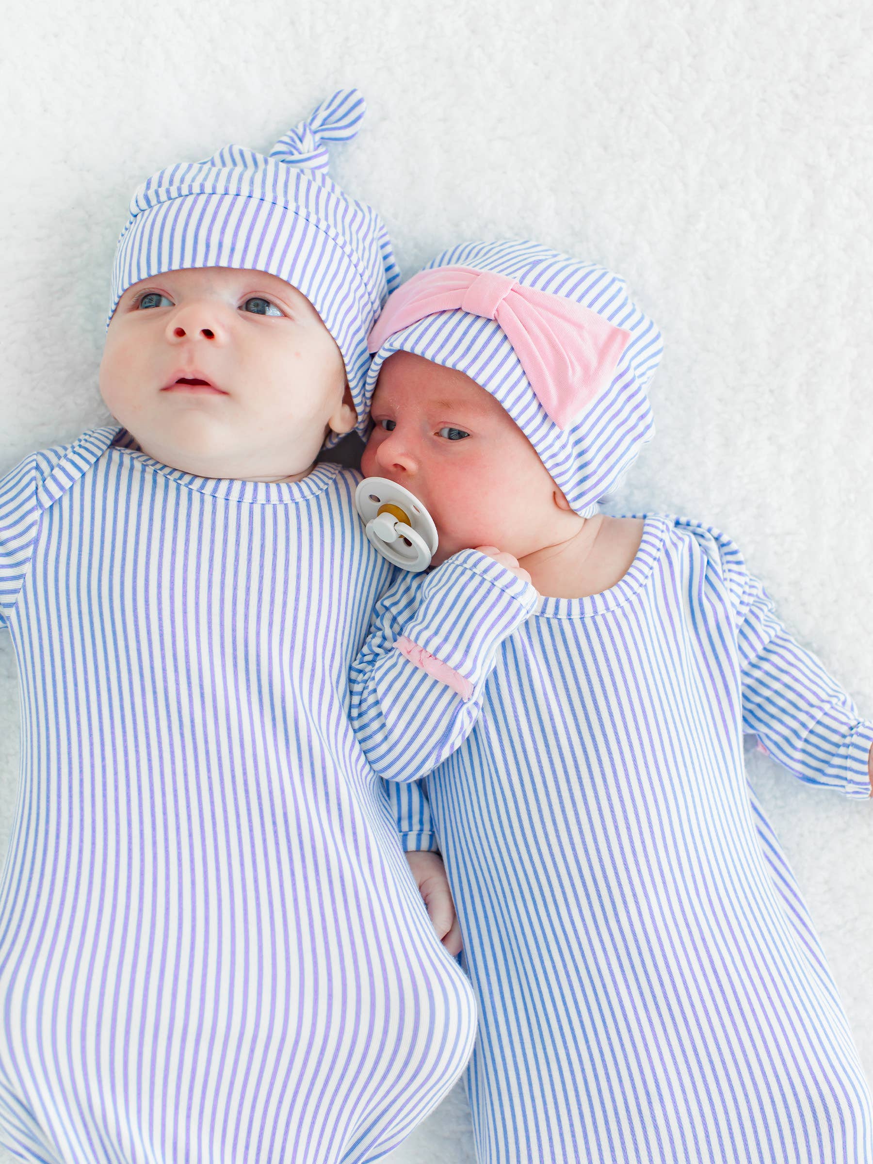 SoftSnooze™ Baby Boys Bamboo Viscose Periwinkle & White Micro Stripe Knotted Sleep Gown & Hat Set