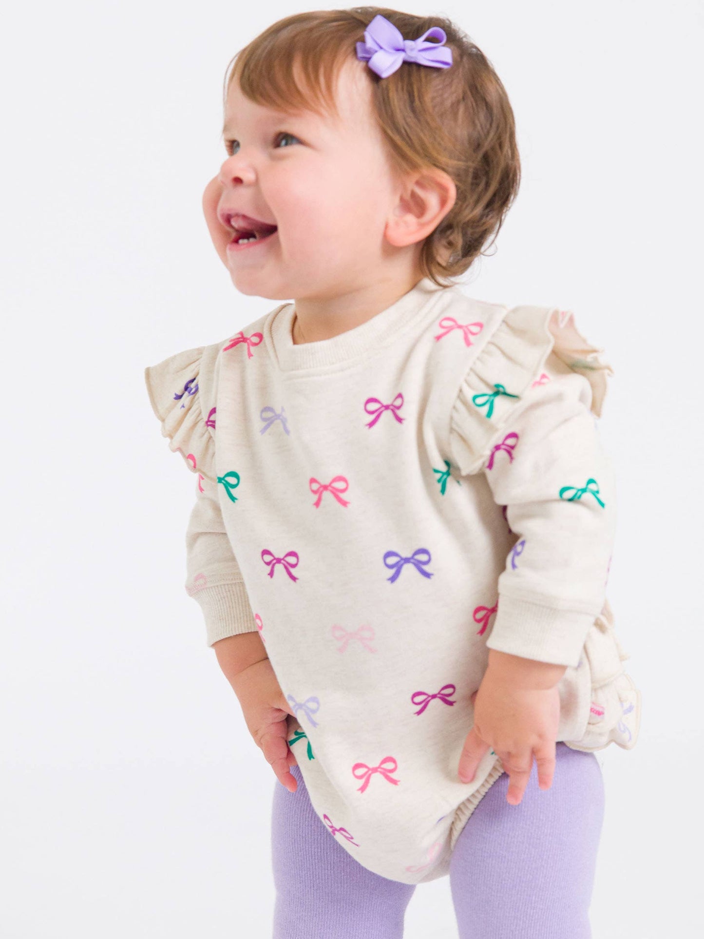 Baby Girls Heather Oatmeal Ribbons Sweatshirt Bubble Romper