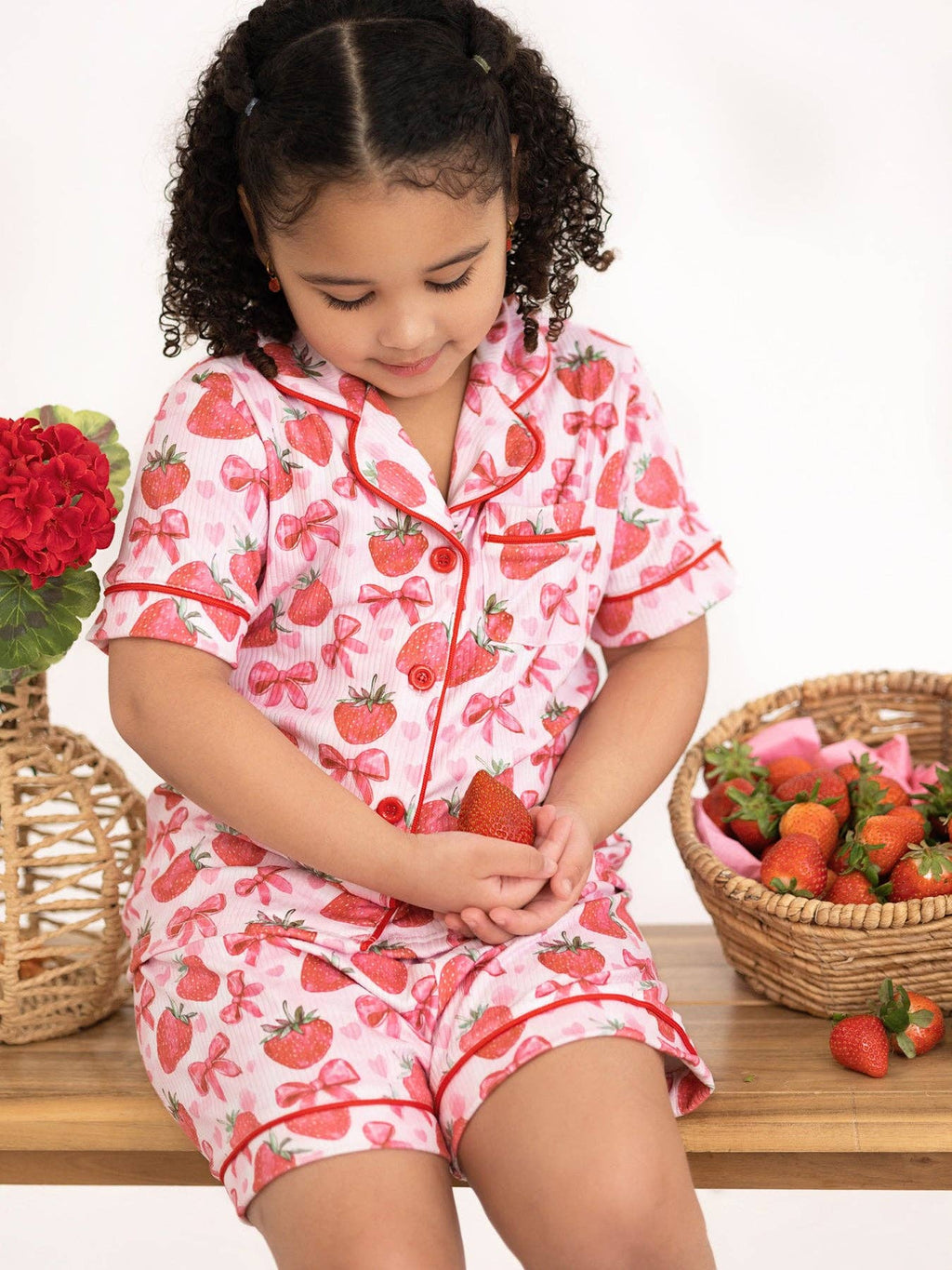 Spring Strawberry Bow Short Sleeve Shorts Pajama Set