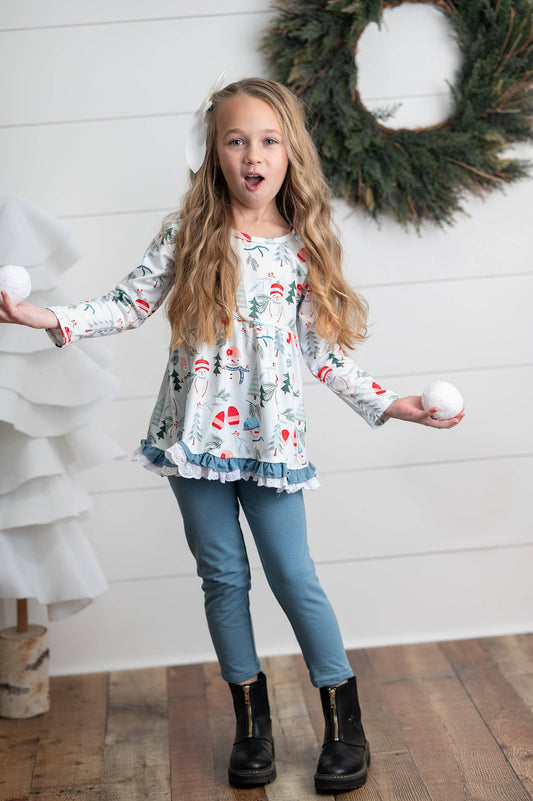 Girls Snowman Lace Ruffle Pocket Winter Holiday Pant Set