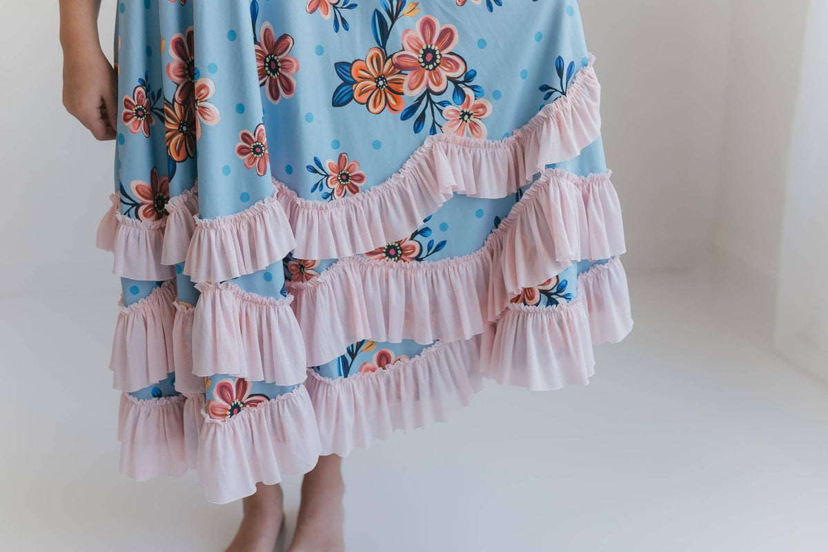 Girls Bella Blue & Blush Winter Garden Twirl Ruffles Dress