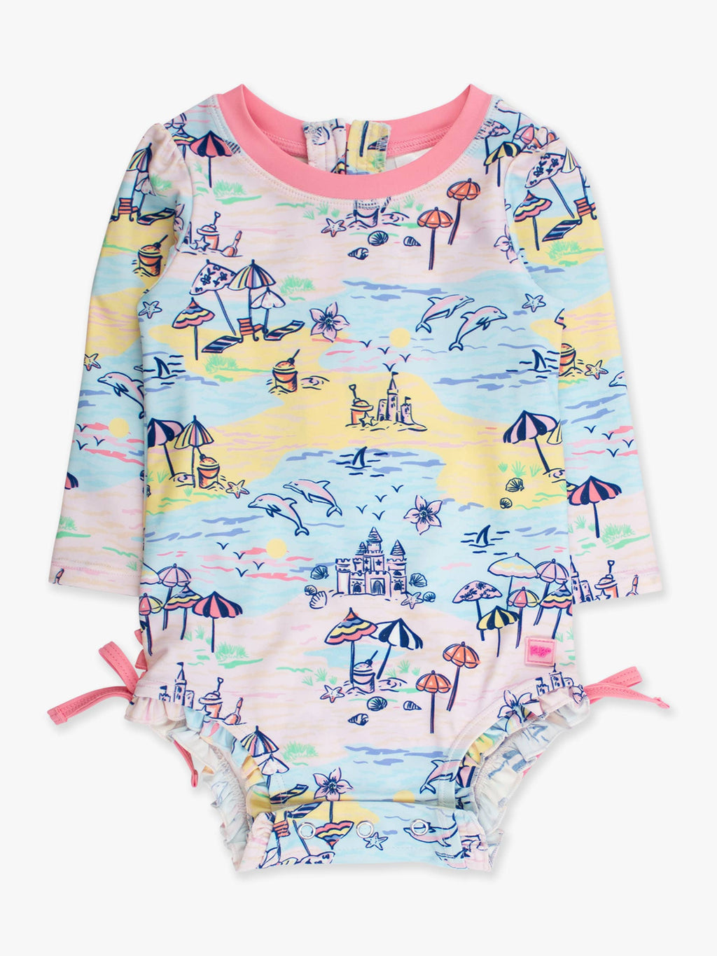 Baby Girls Beach Day Long Sleeve One Piece Rash Guard Swimsuit with Signature Rear Ruffles