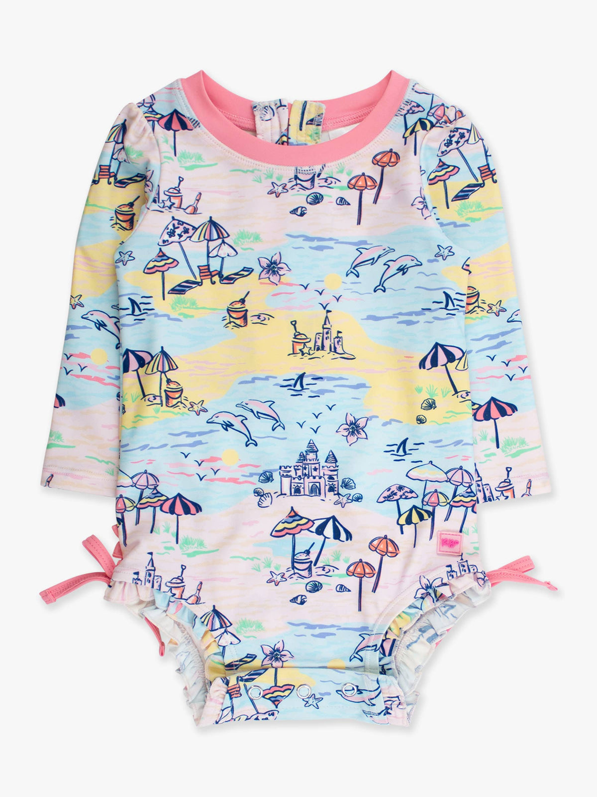 Baby Girls Beach Day Long Sleeve One Piece Rash Guard Swimsuit with Signature Rear Ruffles