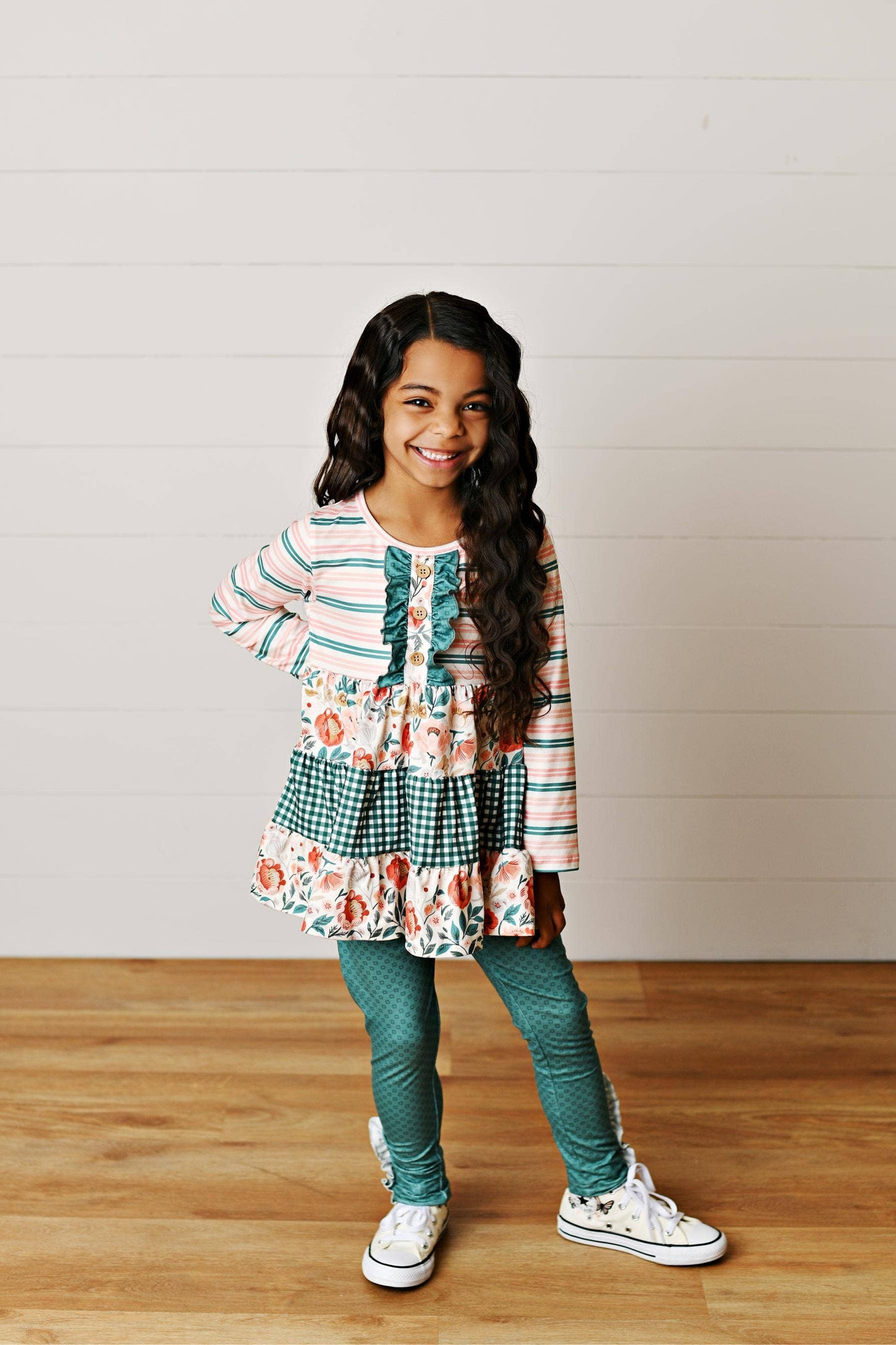 Girls Fall Woodland Bloom Floral Green 3 Tiered Pant Set