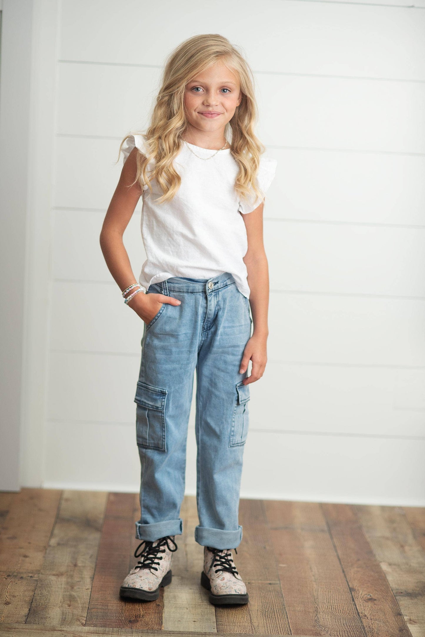 Kids Light Wash Faded Denim Cargo Jean Pant With Pockets
