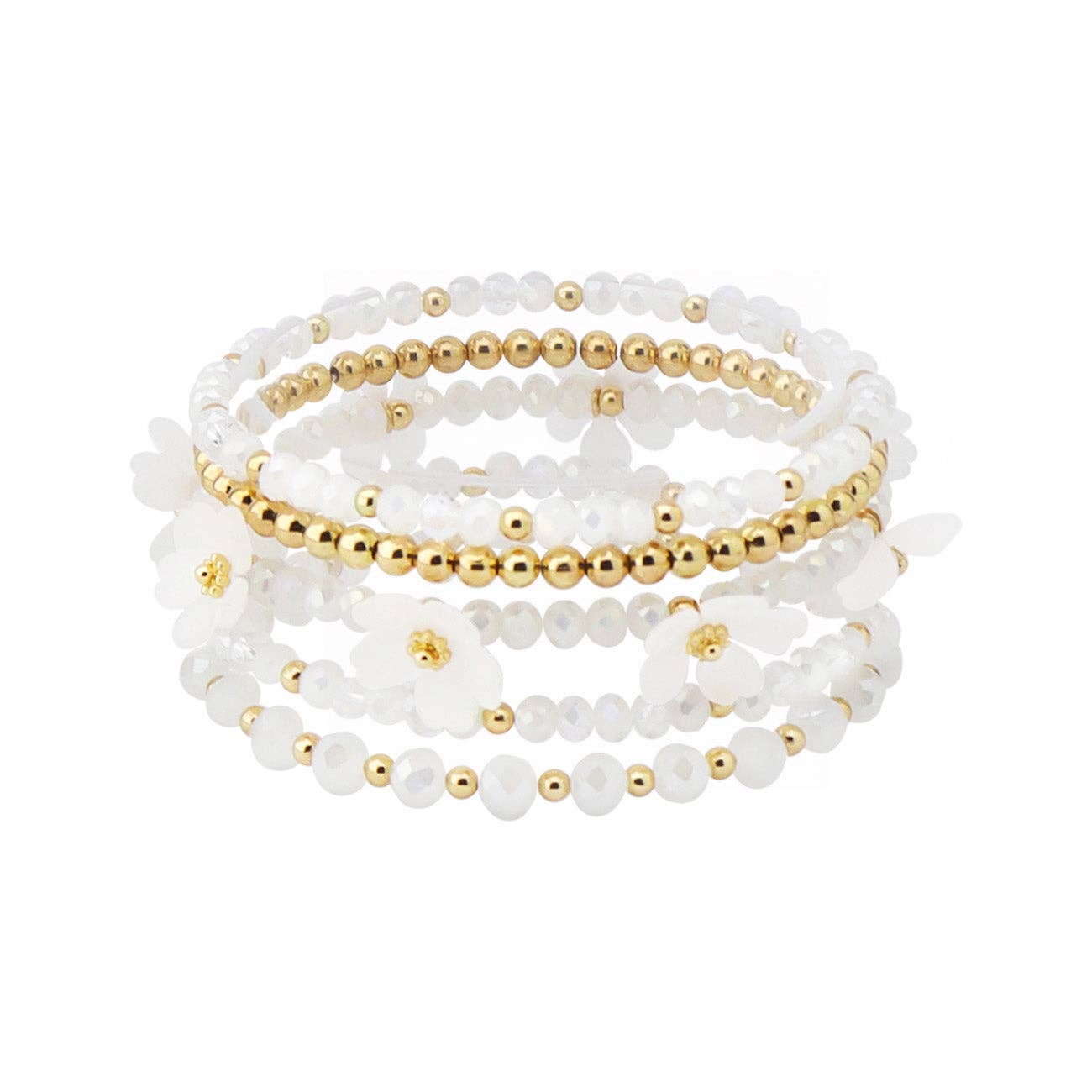White Crystal, Flower, and Gold Set of 5 Stretch Bracelet