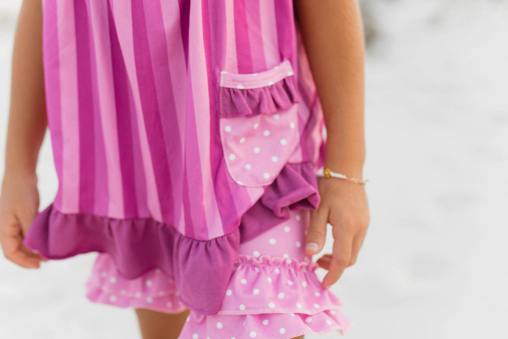 Kids Pink Purple Polka Dot Spring Ruffle Pocket Short Set