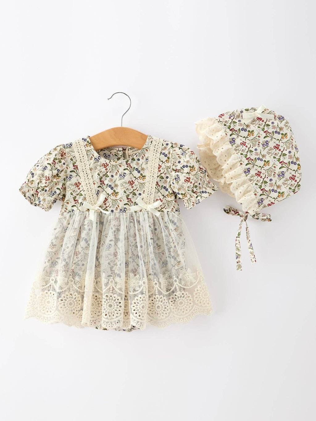 Floral Lace Baby Girl Romper With Bow Ruffle And Hat