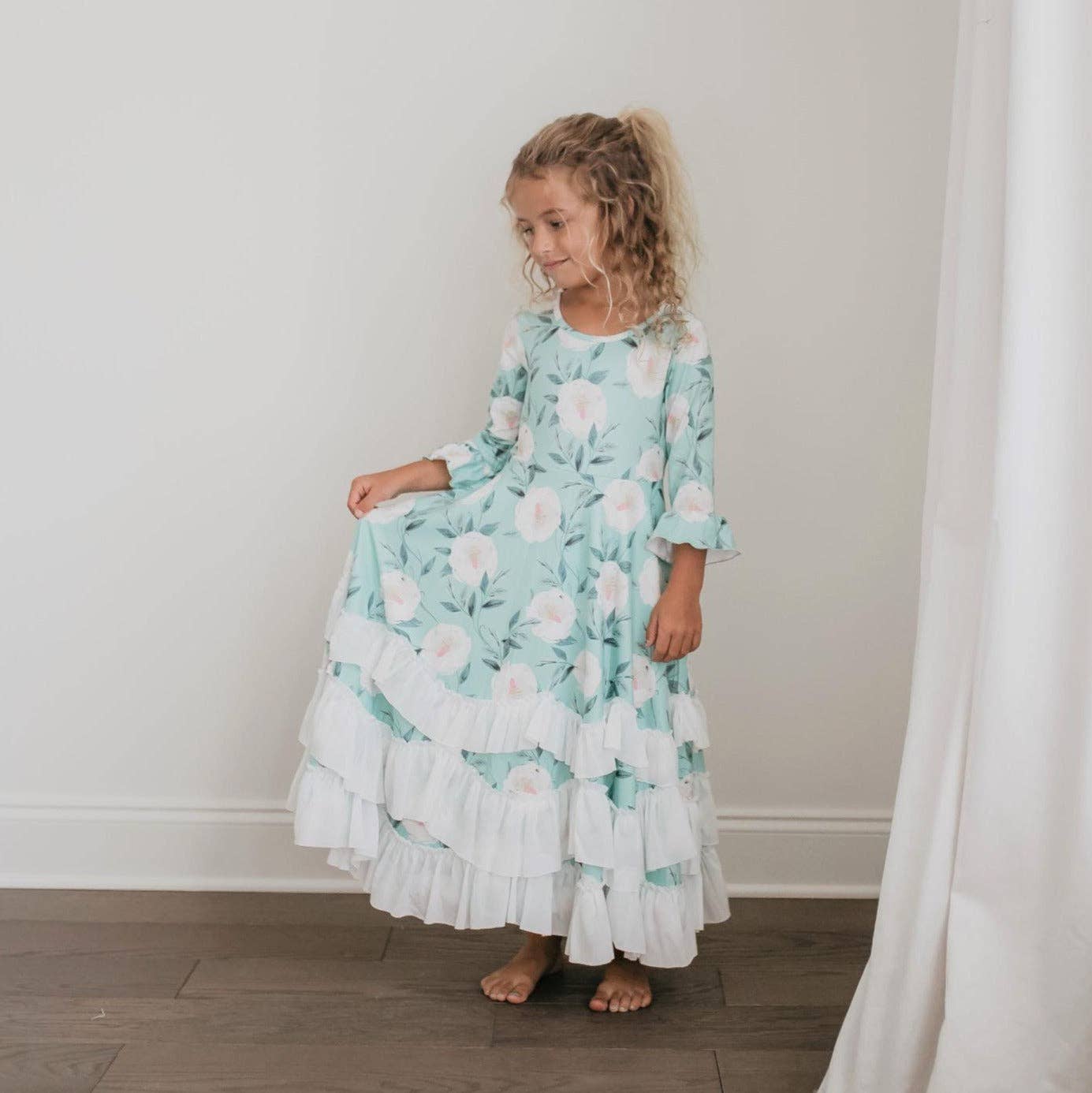 Kids Winter Mint Floral Long Sleeve Fall Ruffles Dress