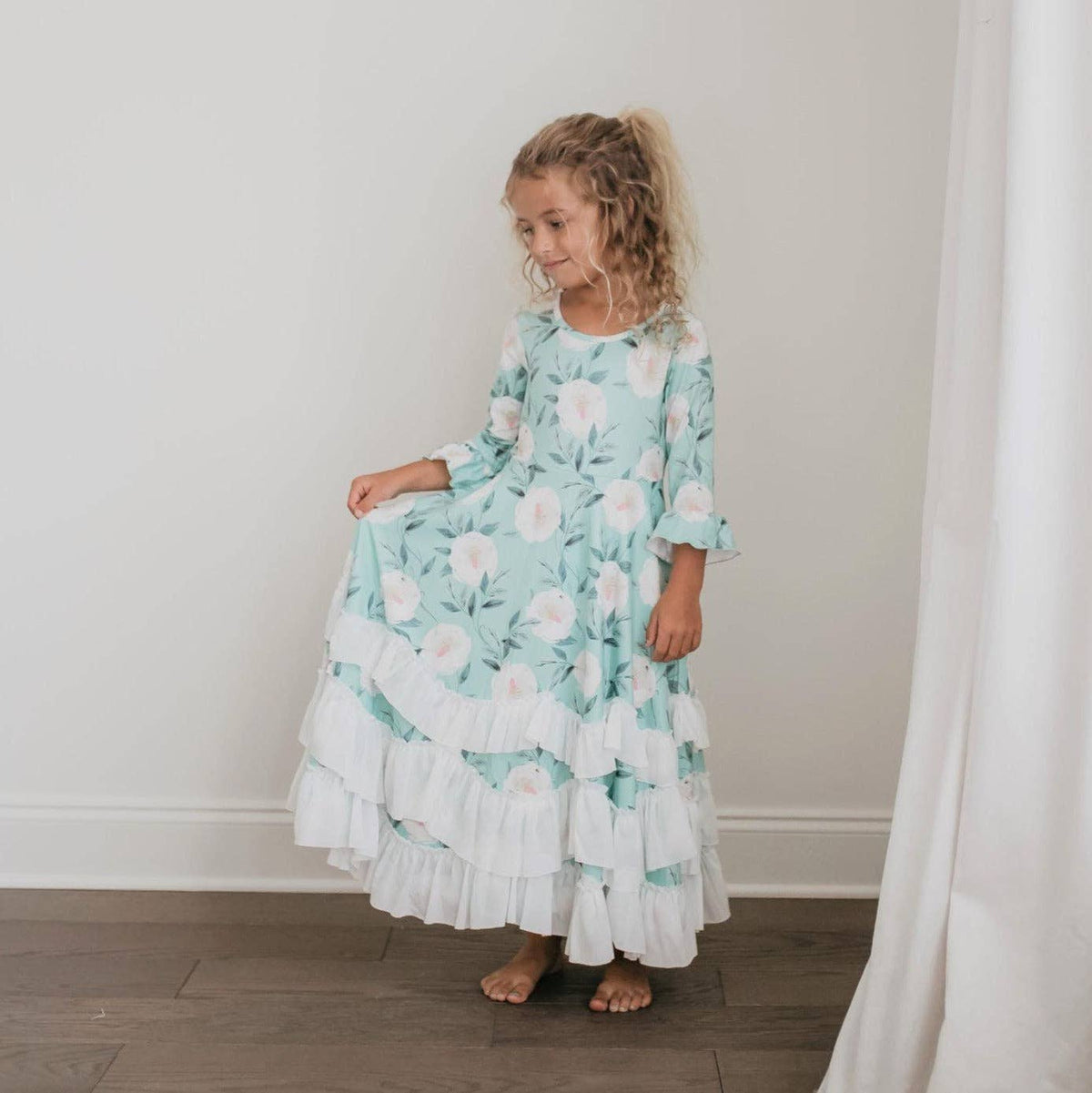 Kids Winter Mint Floral Long Sleeve Fall Ruffles Dress