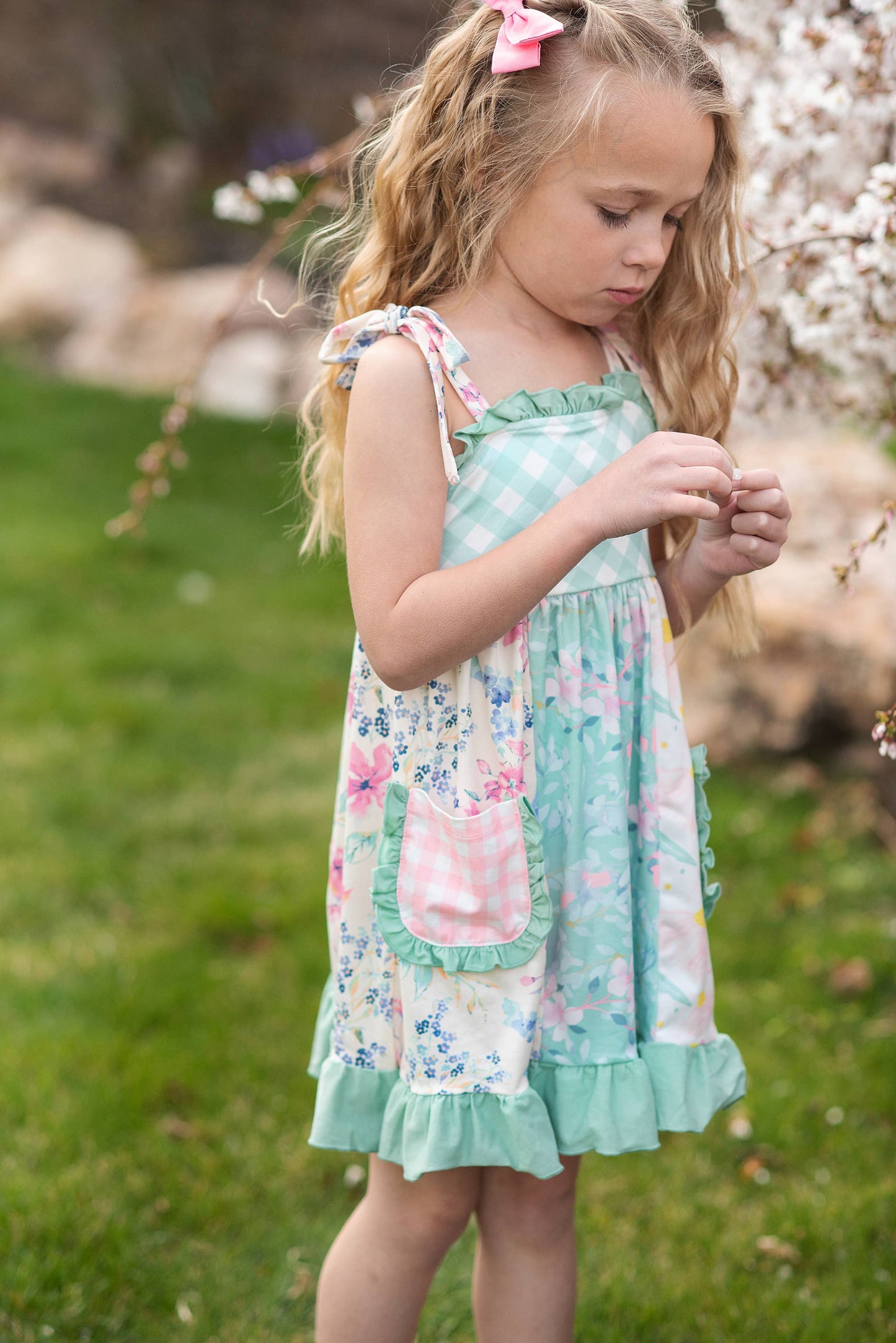 Girls Mint Gingham Ruffle Pocket Spring Easter Summer Dress