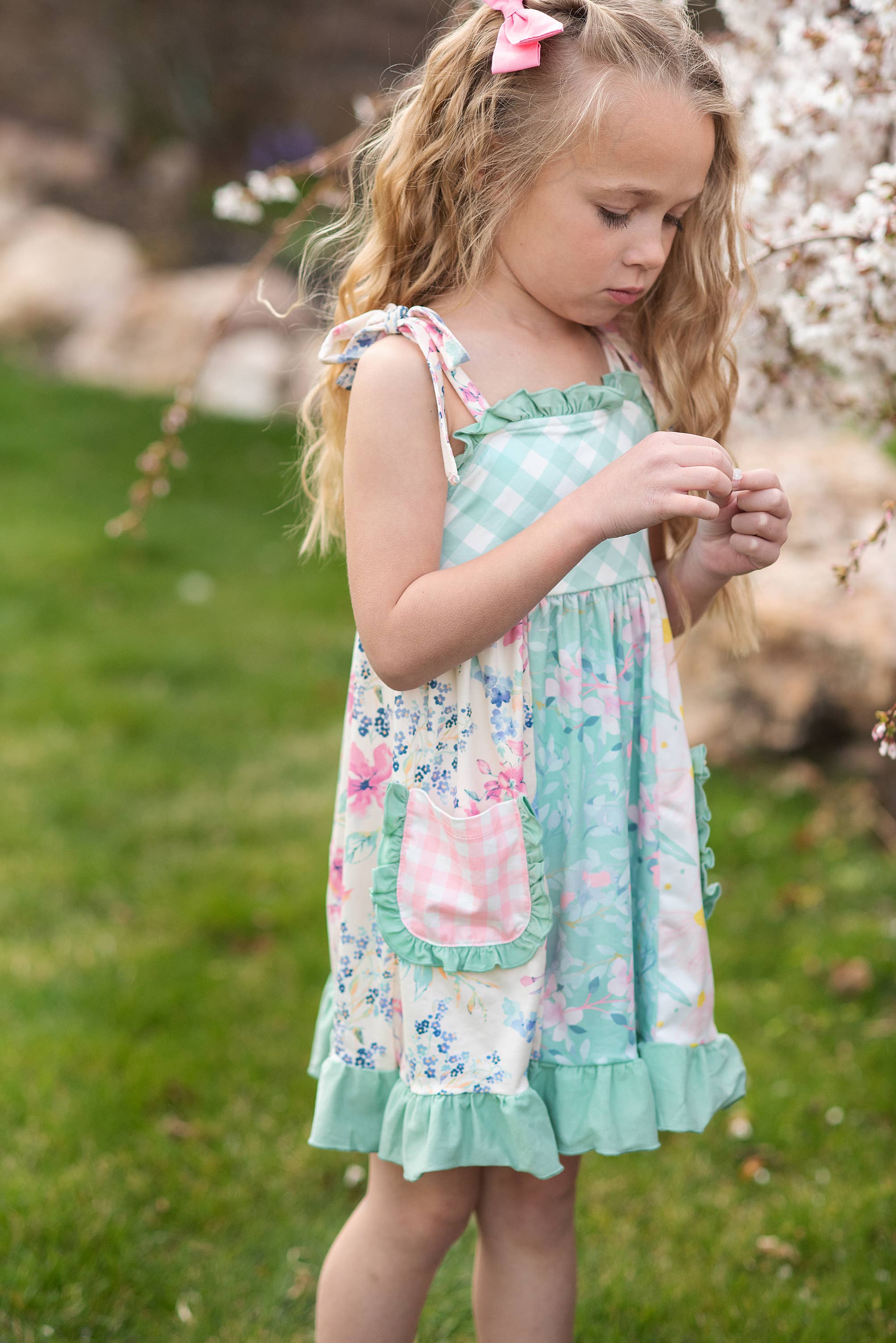 Girls Mint Gingham Ruffle Pocket Spring Easter Summer Dress