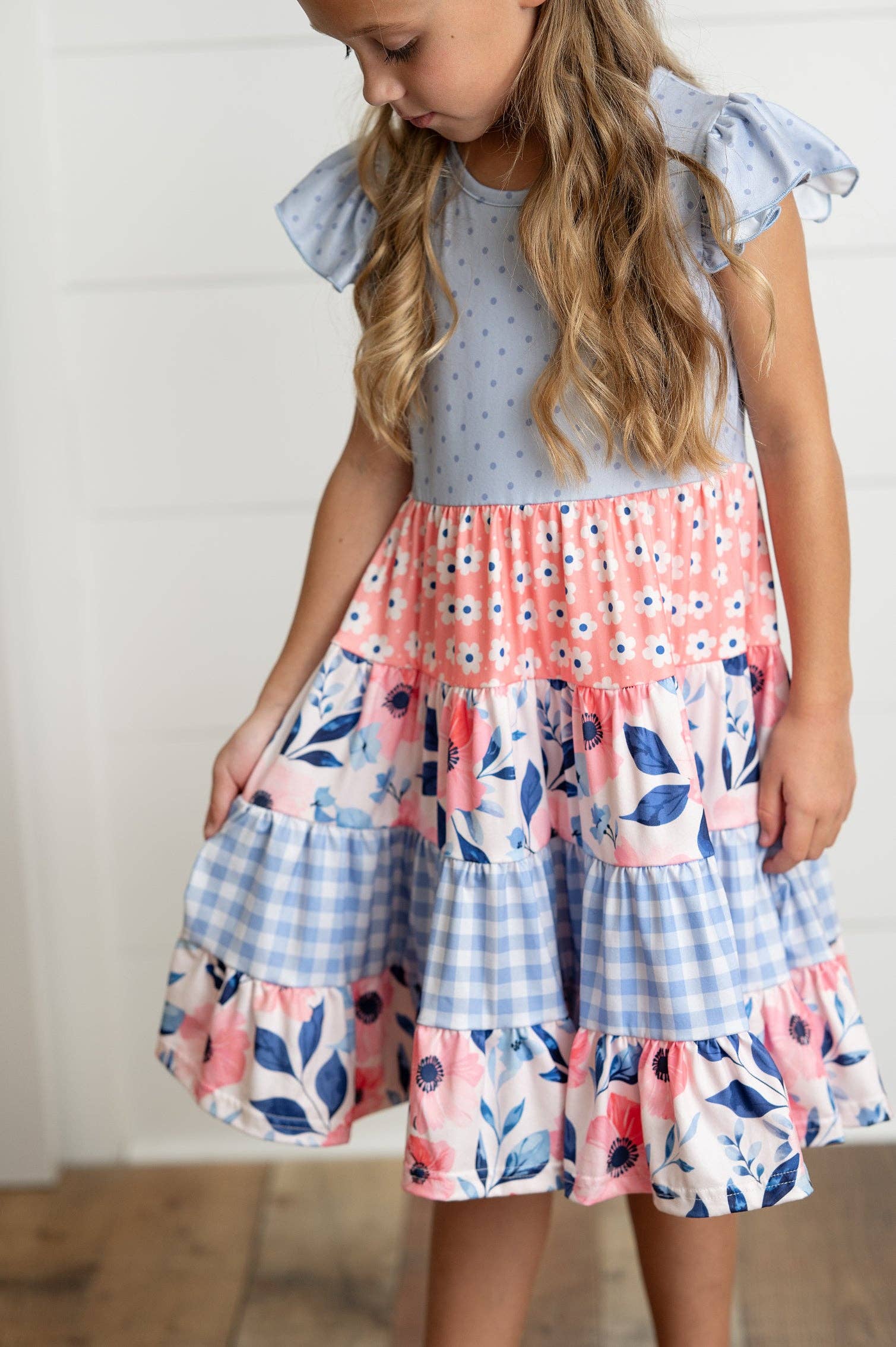 Girls Ava Periwinkle Floral Checkered Spring Tiered Dress