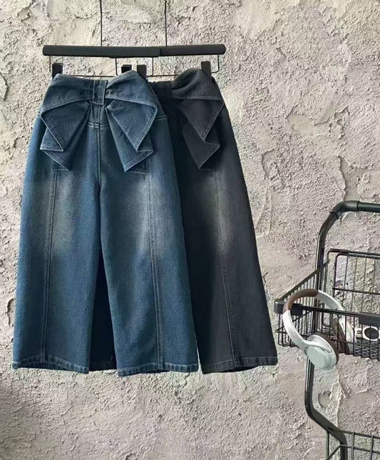 Denim Pants with Large Bow Detail at Waist
