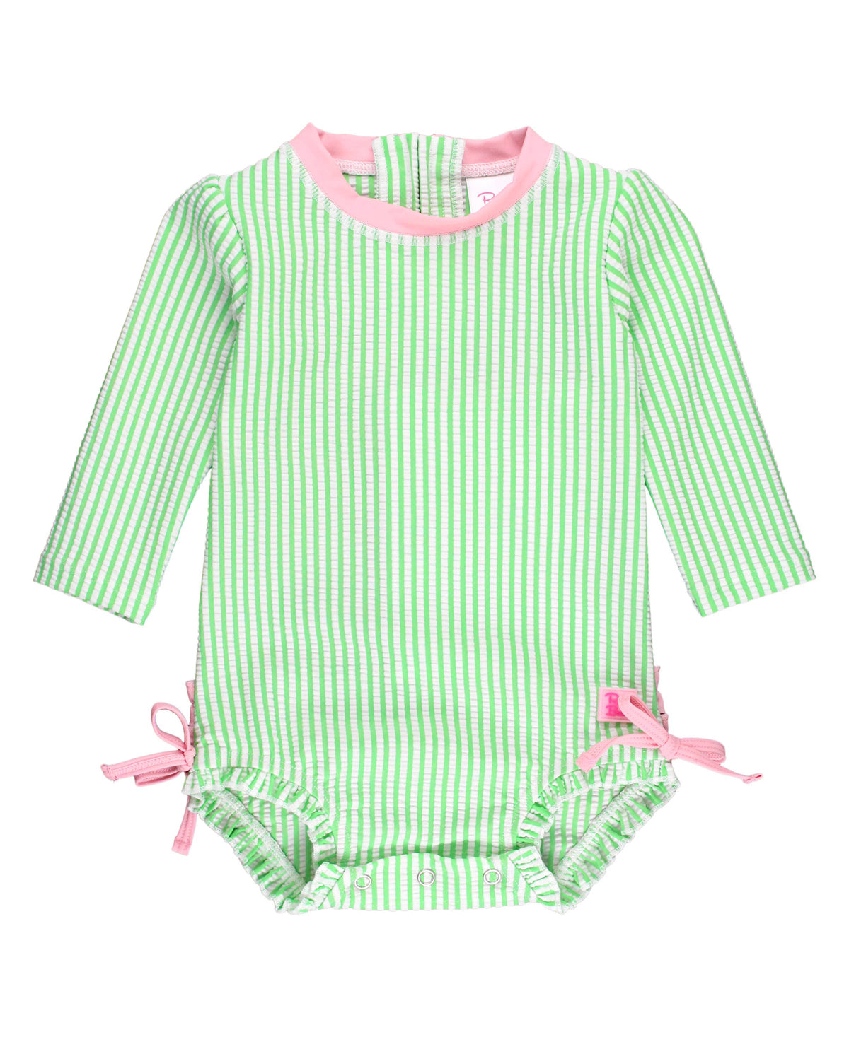 Baby Girls Spring Green Seersucker Long Sleeve One Piece Rash Guard Swimsuit with Signature Rear Ruffles