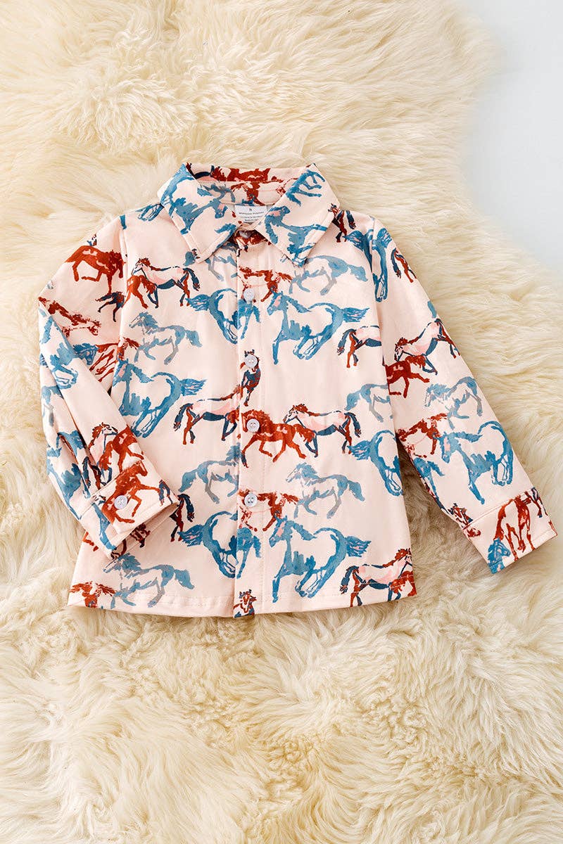 (Western) Horse printed on cream long sleeve button up shirt.  TPB50365 Jean