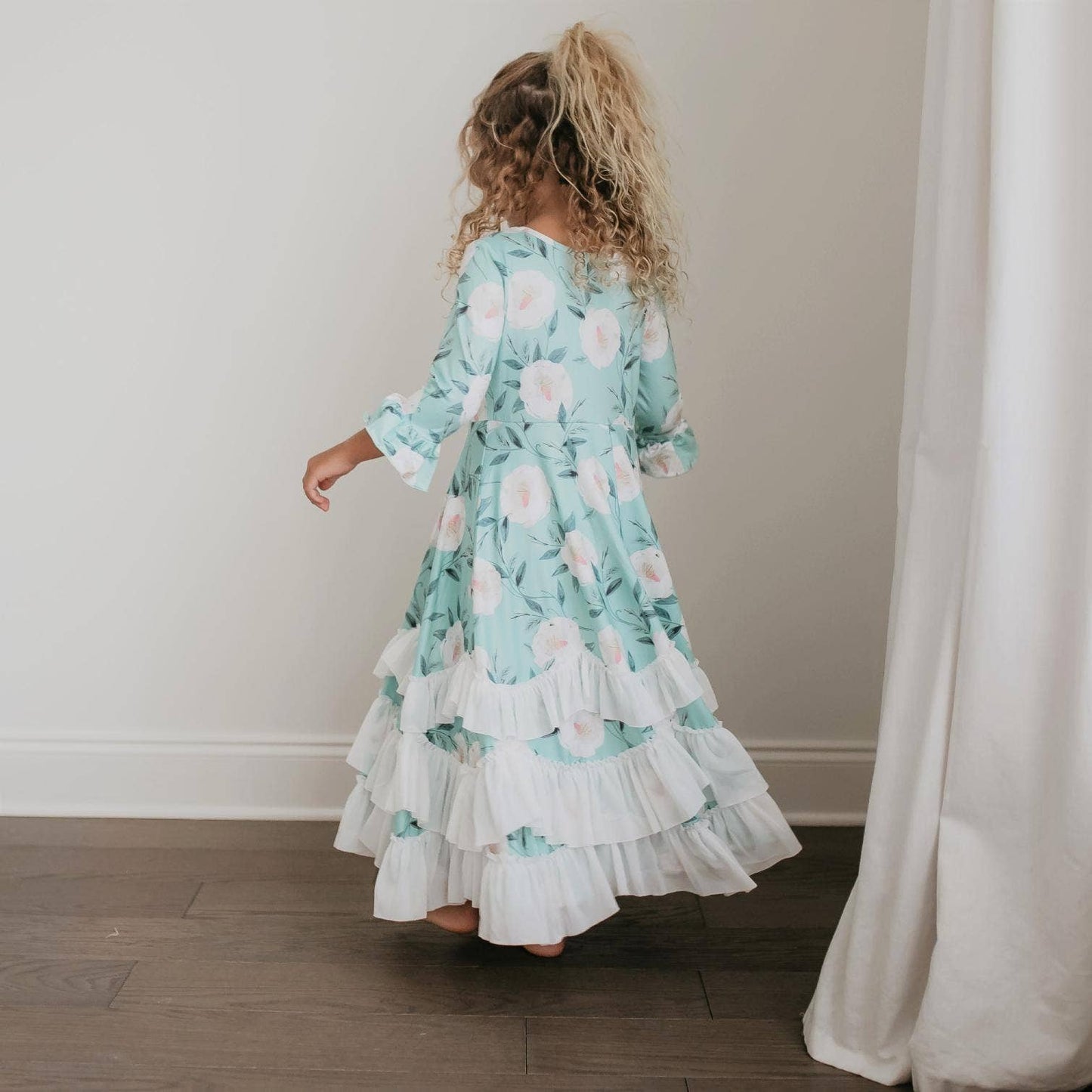 Kids Winter Mint Floral Long Sleeve Fall Ruffles Dress