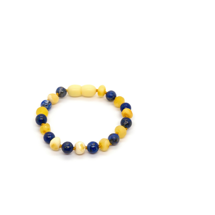 ADHD Raw Milk Lapis Lazuli Baltic Amber Teething Bracelet for Baby Toddler 5.5 Inch