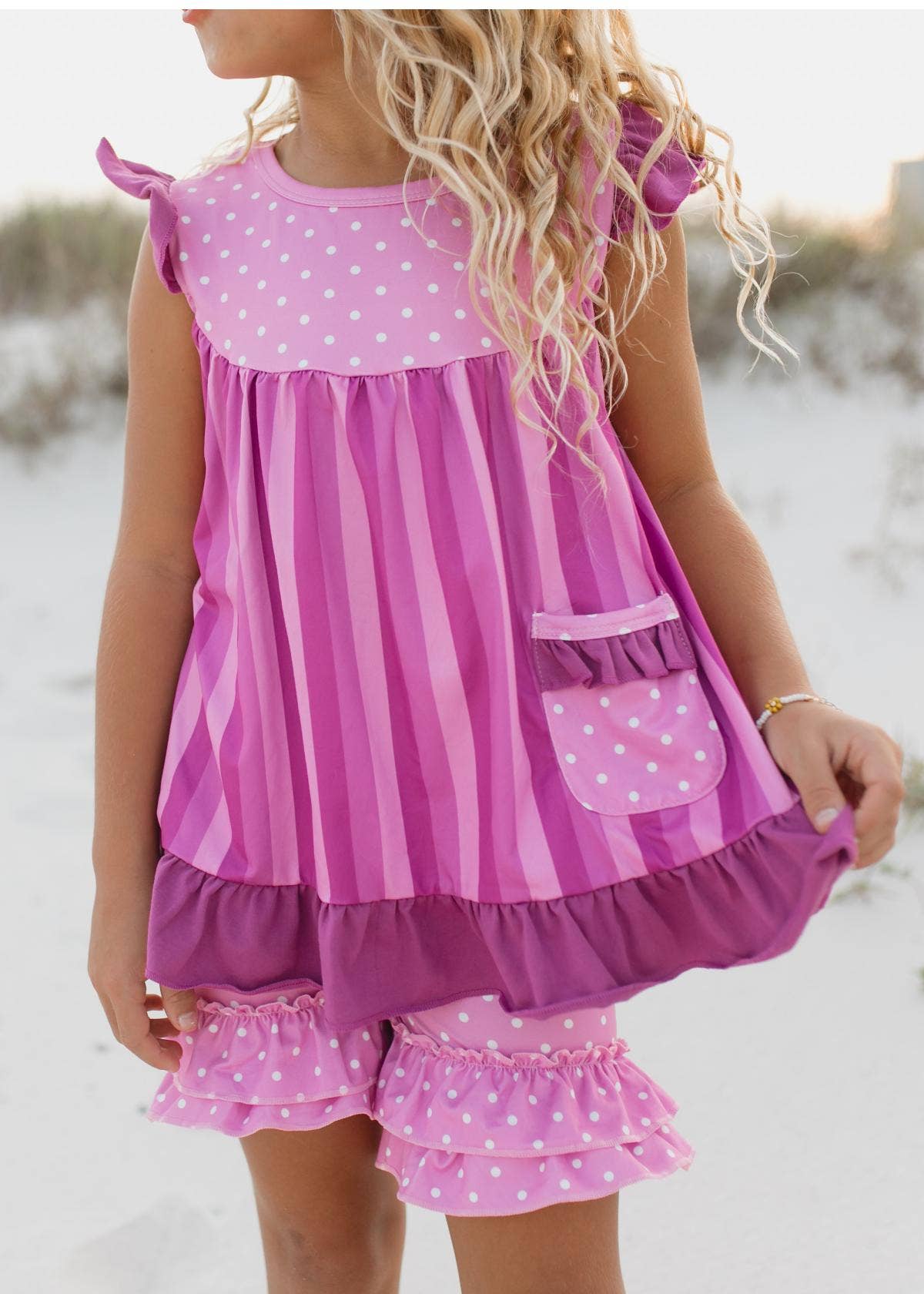 Kids Pink Purple Polka Dot Spring Ruffle Pocket Short Set