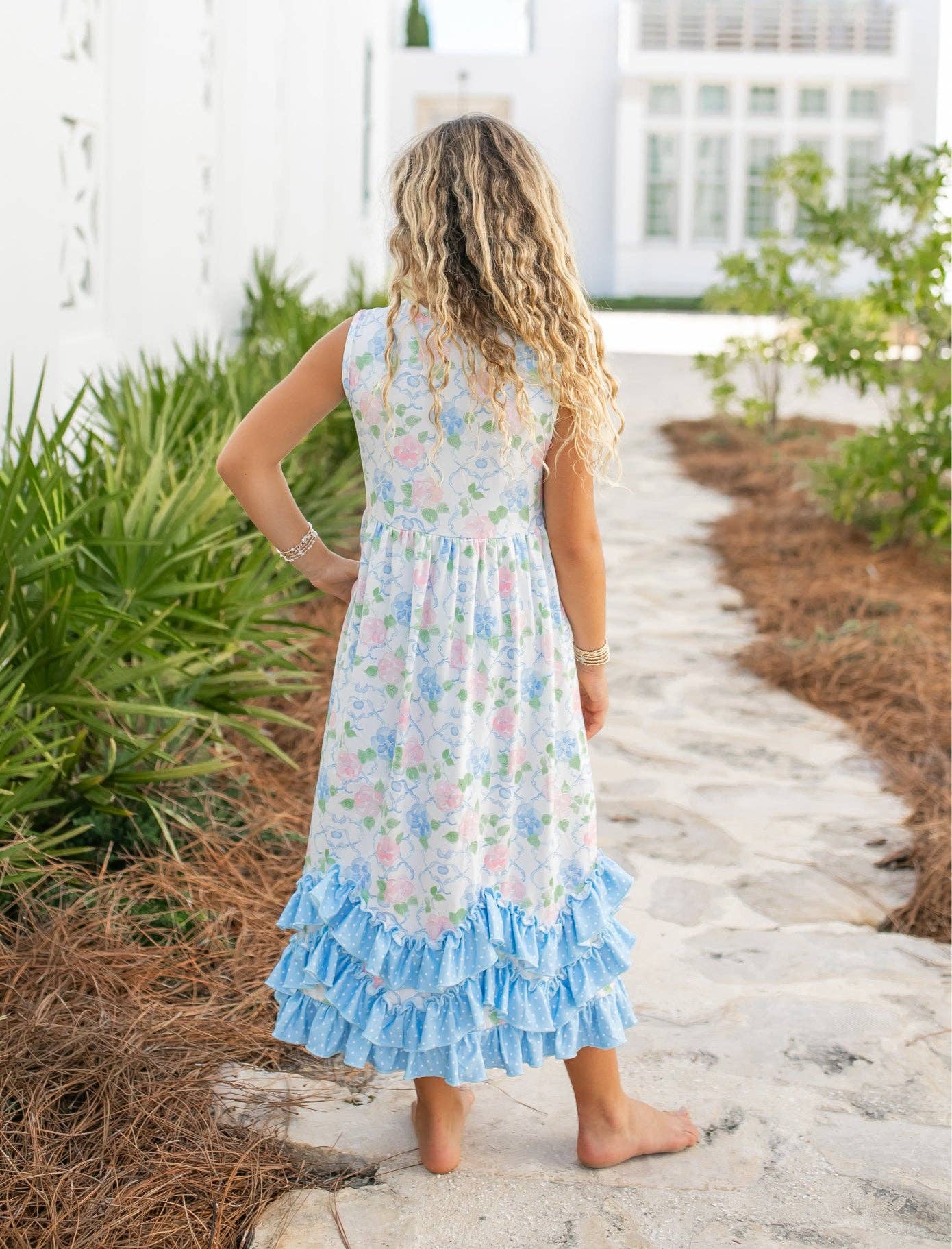 Girls Olivia 3 Ruffle Pastel Blue Floral Spring Summer Dress