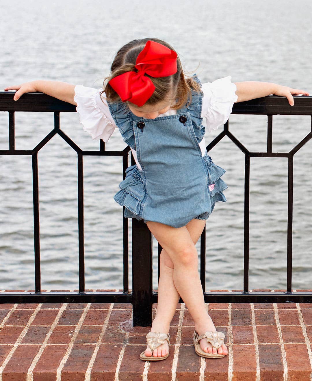 Baby Girls Light Wash Denim Woven Flutter Overall Romper