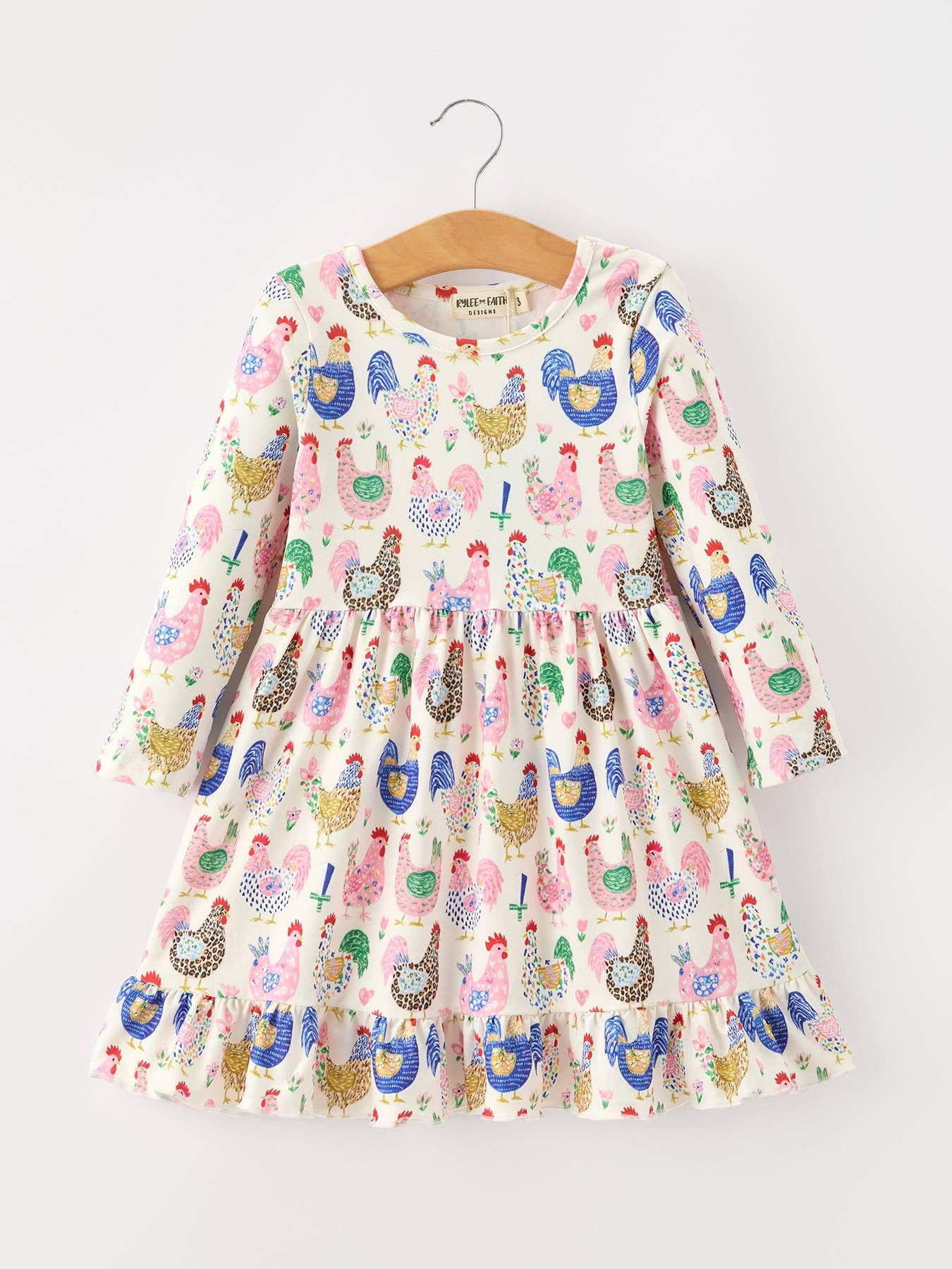 Fall Farm Chicken Print Girls Ruffle Hem Twirl Dress