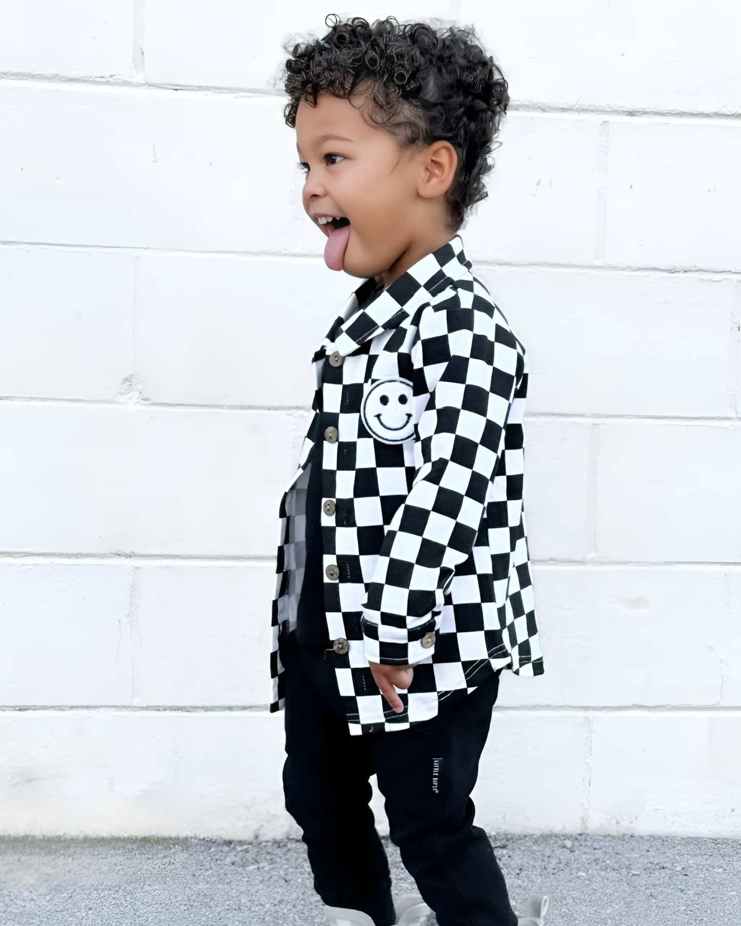 Baby & Kids Cotton Shacket| Smiley Checkered Black