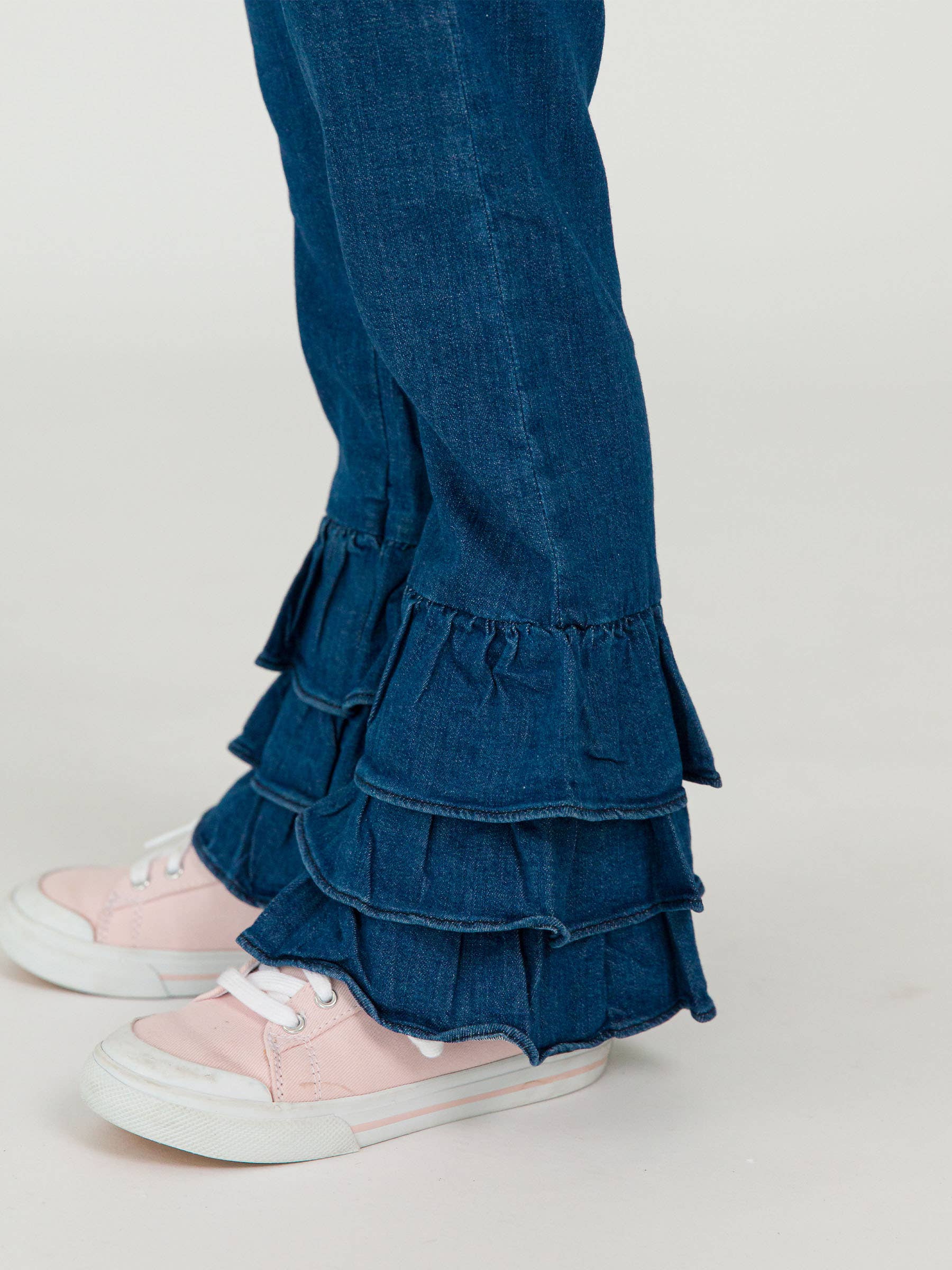 Toddler Girls Medium Wash Denim Ruffle Flare Pants with Signature Rear Ruffles