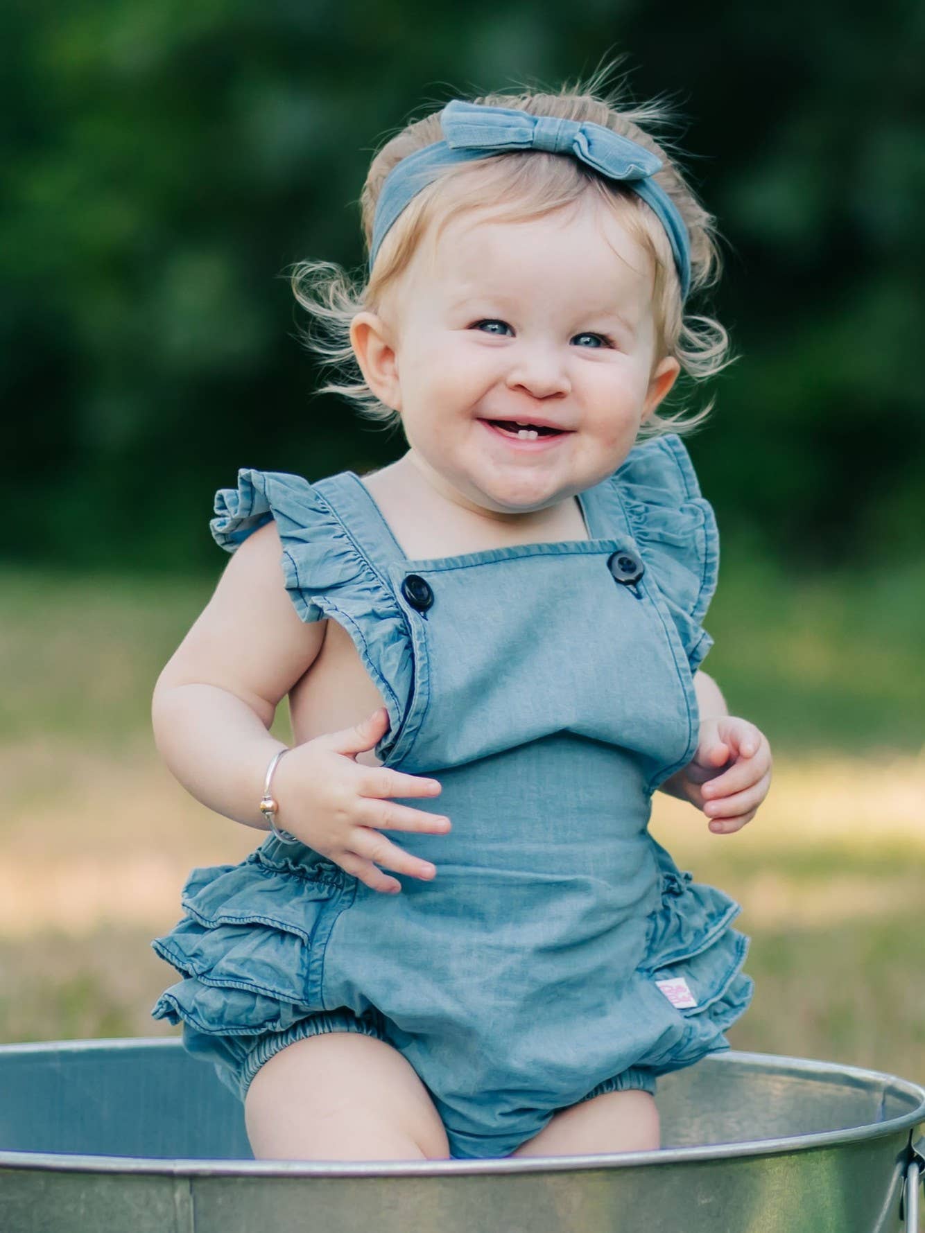 Baby Girls Light Wash Denim Woven Flutter Overall Romper