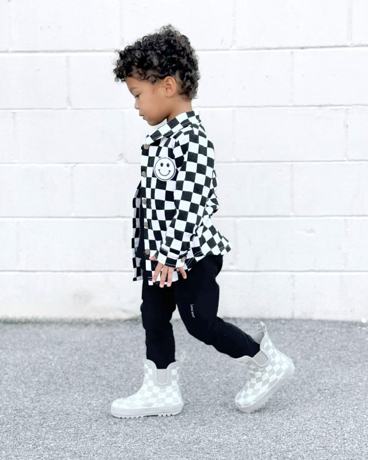 Baby & Kids Cotton Shacket| Smiley Checkered Black
