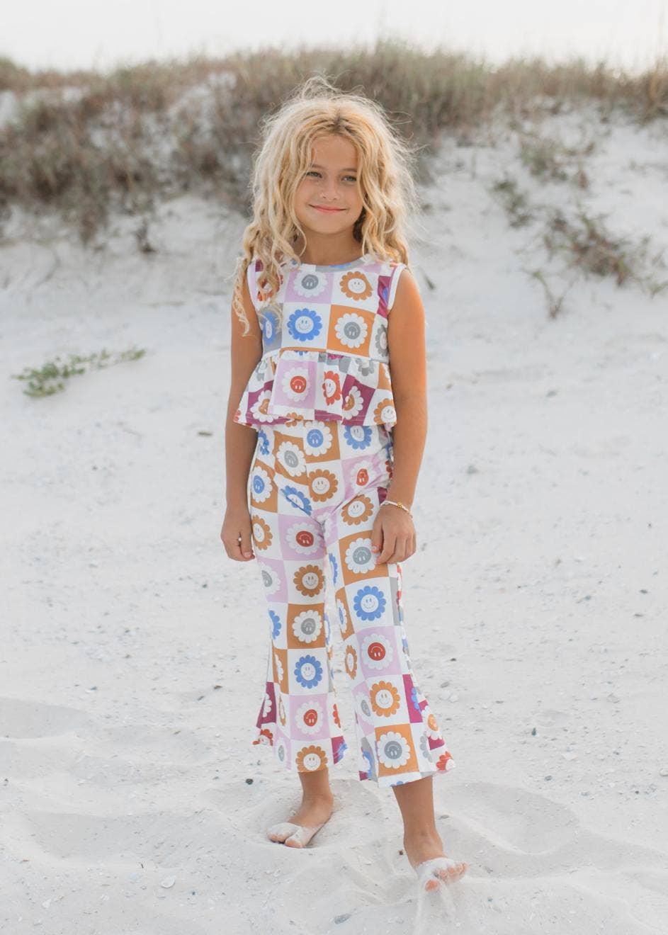 Kids Retro Daisy Checkered Spring Summer Bell Bottom Set
