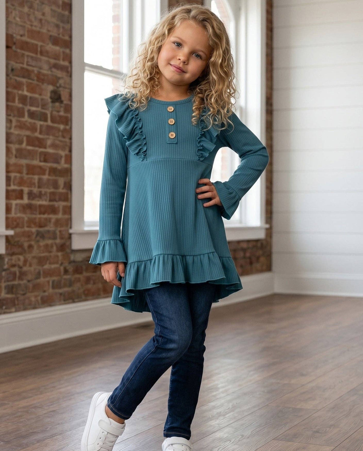 Kids Dark Teal Blue Ribbed Long Sleeve Button Ruffle Shirt