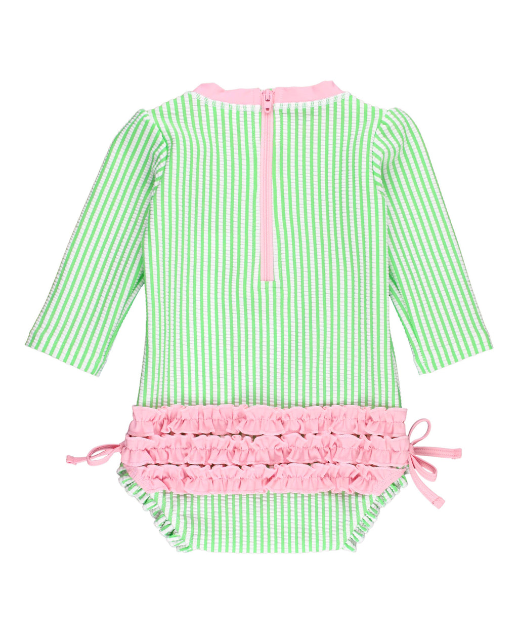 Baby Girls Spring Green Seersucker Long Sleeve One Piece Rash Guard Swimsuit with Signature Rear Ruffles