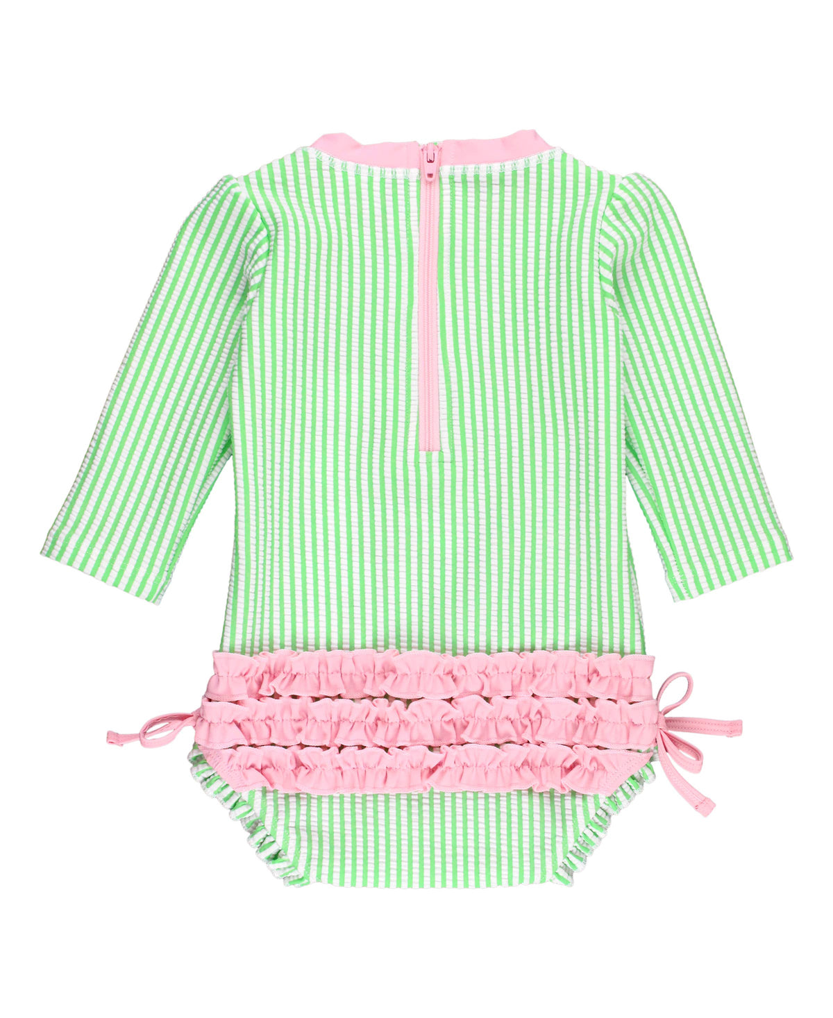 Baby Girls Spring Green Seersucker Long Sleeve One Piece Rash Guard Swimsuit with Signature Rear Ruffles